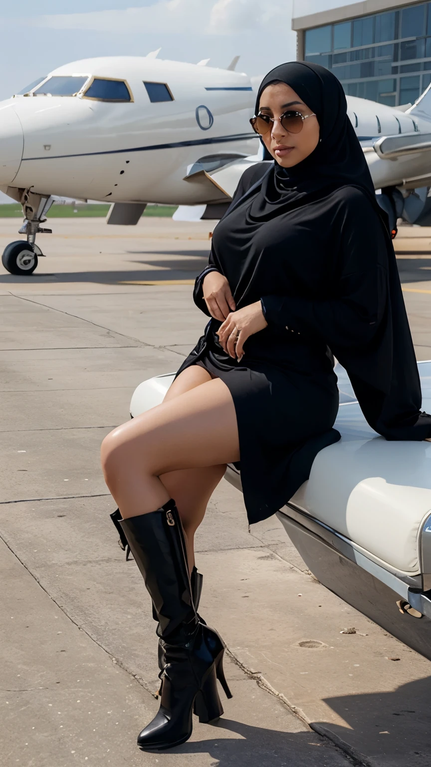 a beautiful middle eastern woman, in hijab, curvy body, wearing sunglasses, private jet in the background, sexy pose, hand on waist, black boots on feet, airport background, realistic, realism, photorealism, real human