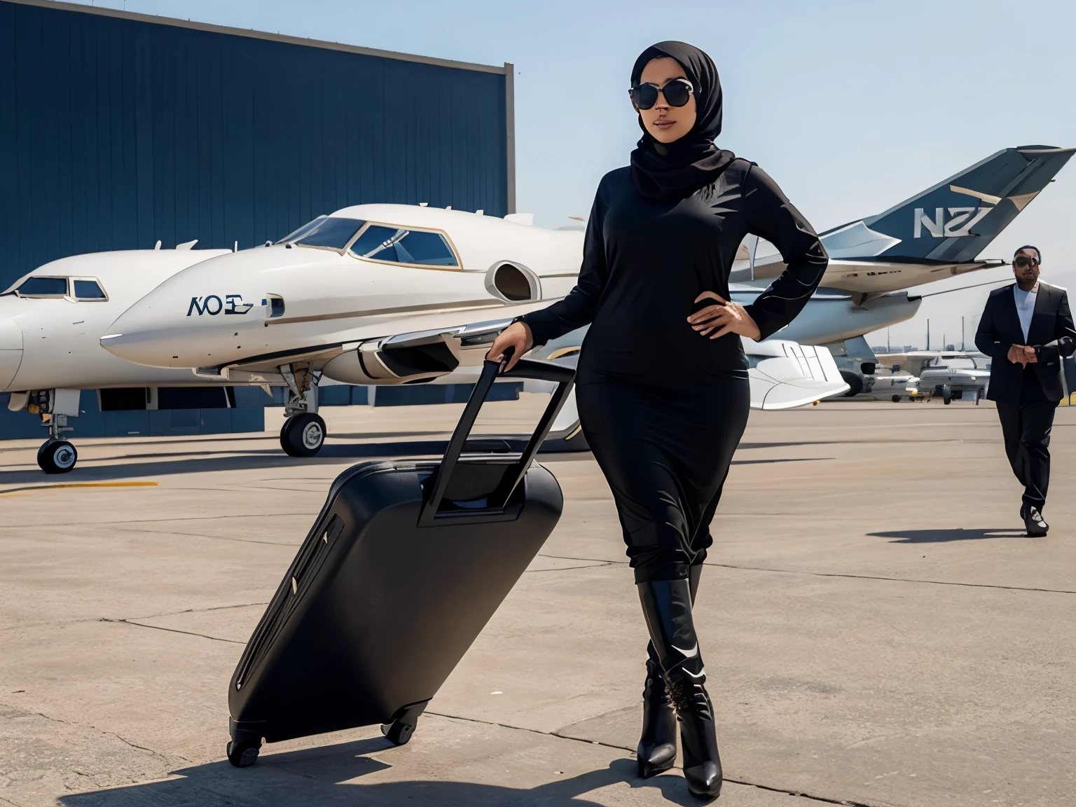 a beautiful middle eastern woman, in hijab, curvy body, wearing sunglasses, private jet in the background, sexy pose, hand on waist, black boots on feet, airport background, realistic, realism, photorealism, real human