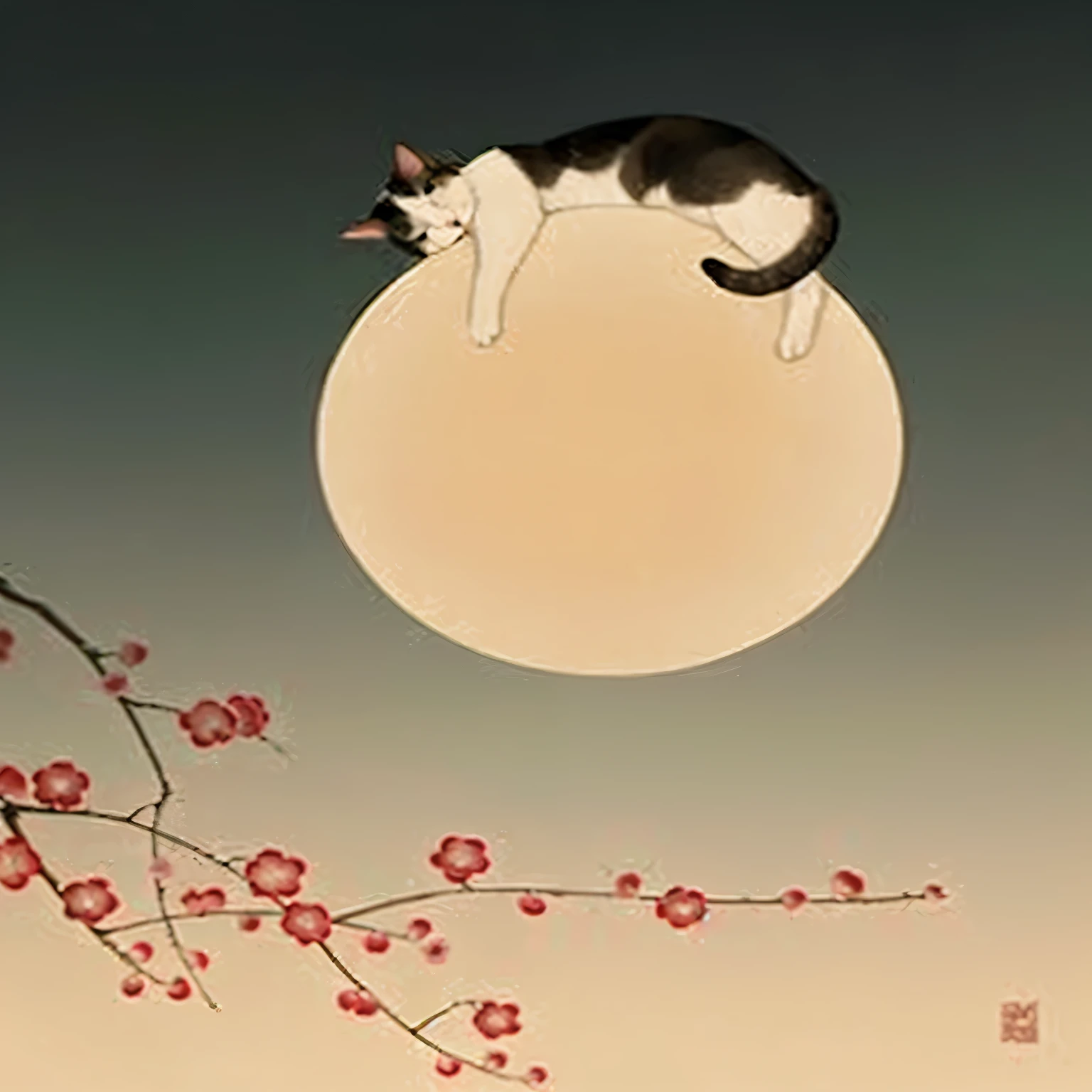 arafed cat sleeping on a branch of a cherry tree with a full moon in the background, by Ikuo Hirayama, by Eizan Kikukawa, by Chiho Aoshima, by Ohara Koson, by Itagaki Yoshio, by Koson Ohara, by Tsuchiya Koitsu