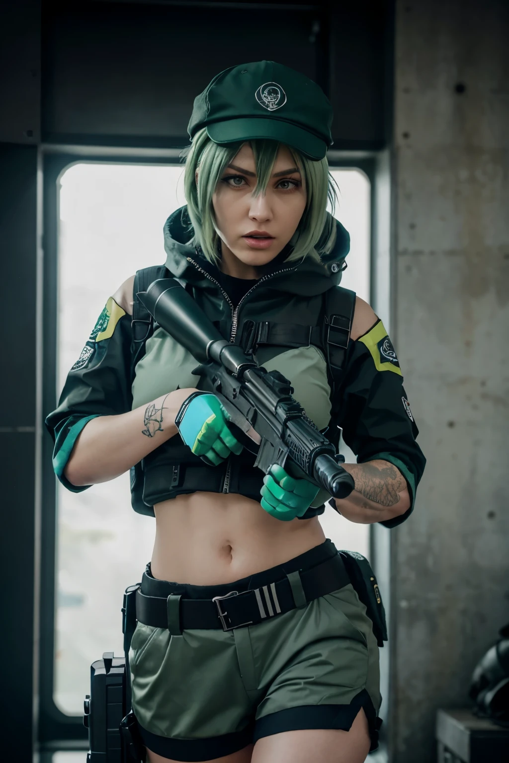 Ela оперативник Rainbow Six Siege, an angry expression, sea green hair ends, in a cap, full length, in the hands of a submachine gun SCORPION EVO 3 A1 pointing upward, pressed to the body, Modern style of clothing, hi-tech