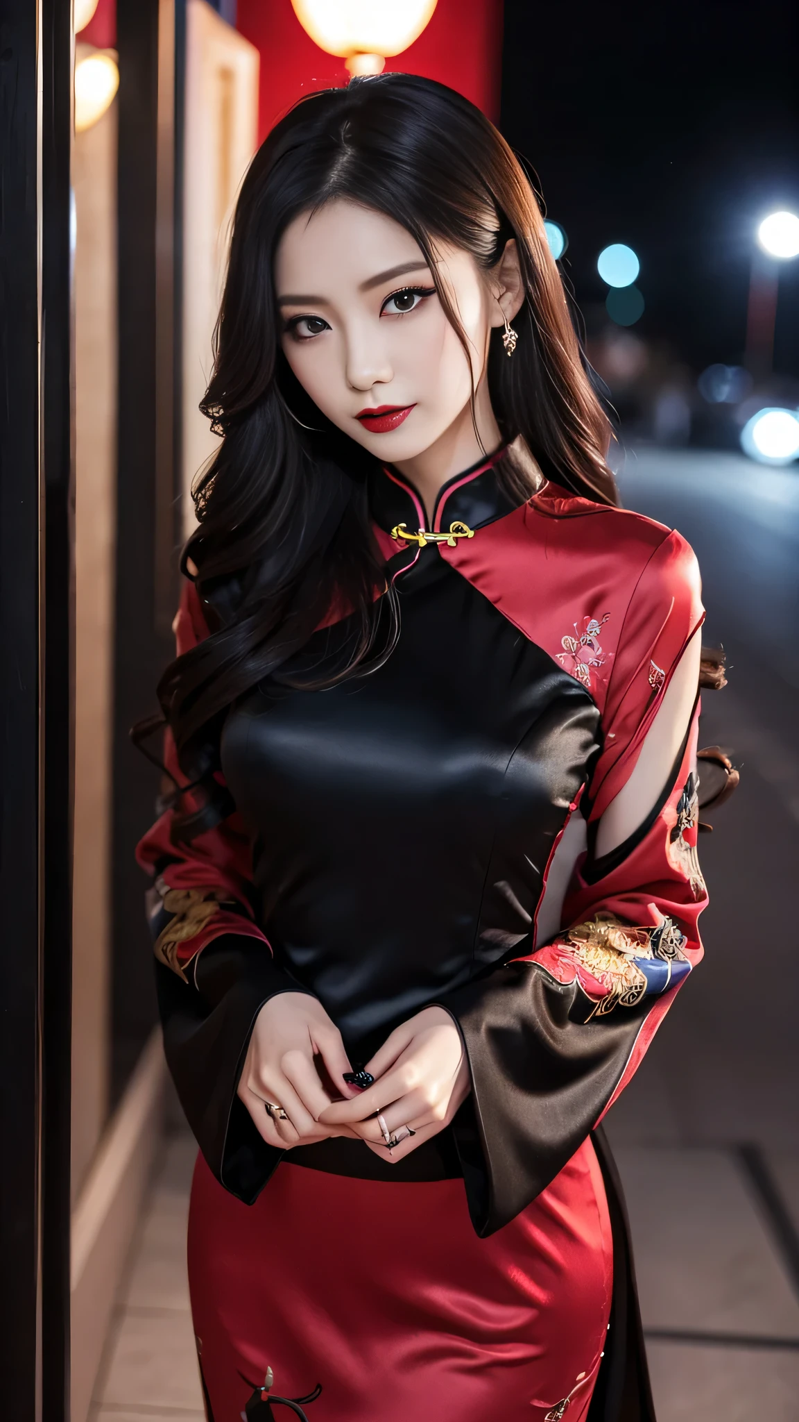 Super detailed、Japanese、charming beauty、seductive adult woman、Beautiful woman、sharp eyes、cool girl、wavy hair、long black cheongsam、wide sleeve、evilの幹部、evil depravity、brainwashing、Mind control、apply lipstick、grin、evilな表情、evil、empty eyes、evil、church at night、vampire、vampire、Hypnosia makeup brush