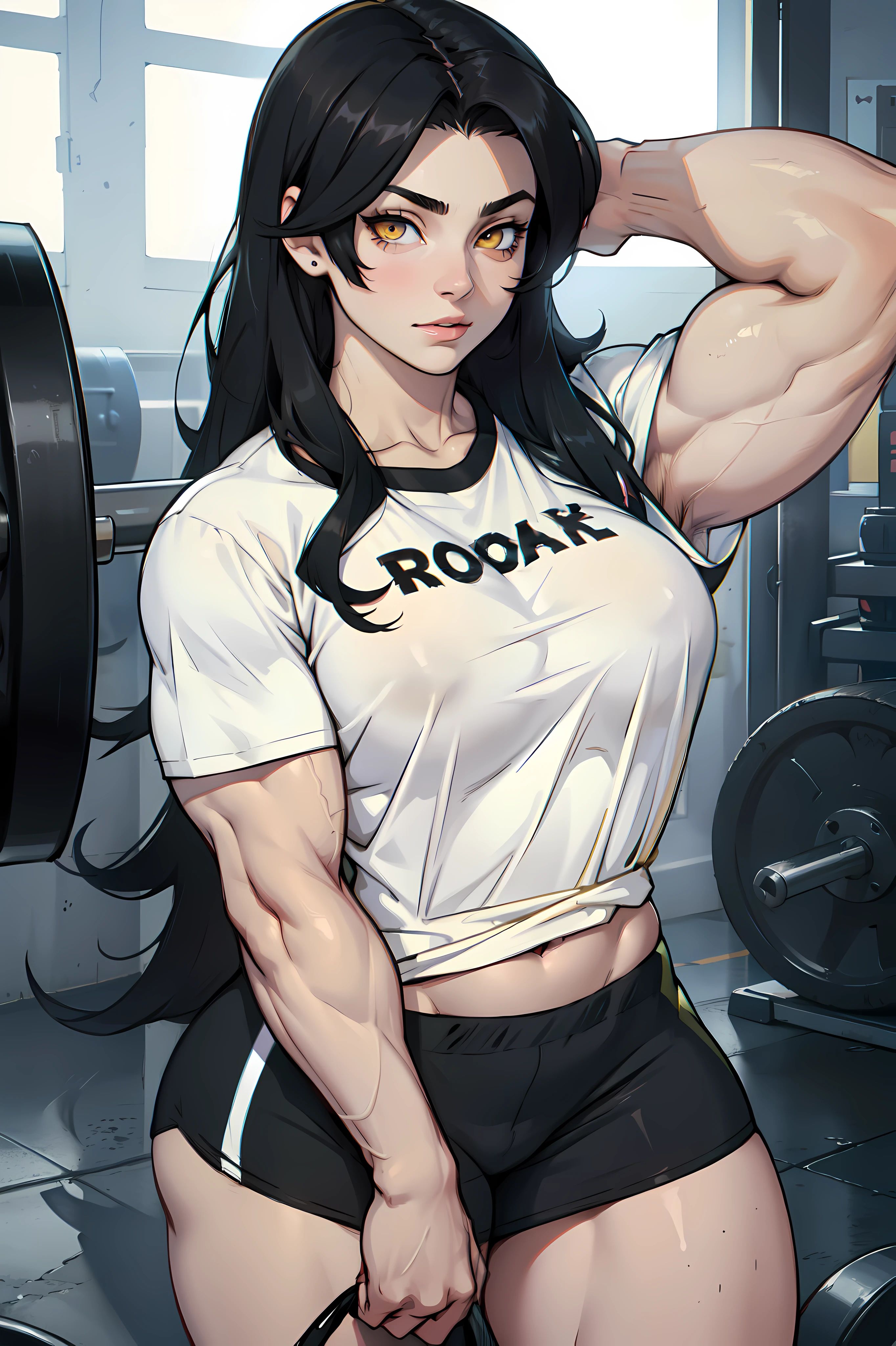 huge breasts pale skin very long hair black hair yellow eyes ((((((1 girl)))))) (((((muscular))))) (lifting_shirt)