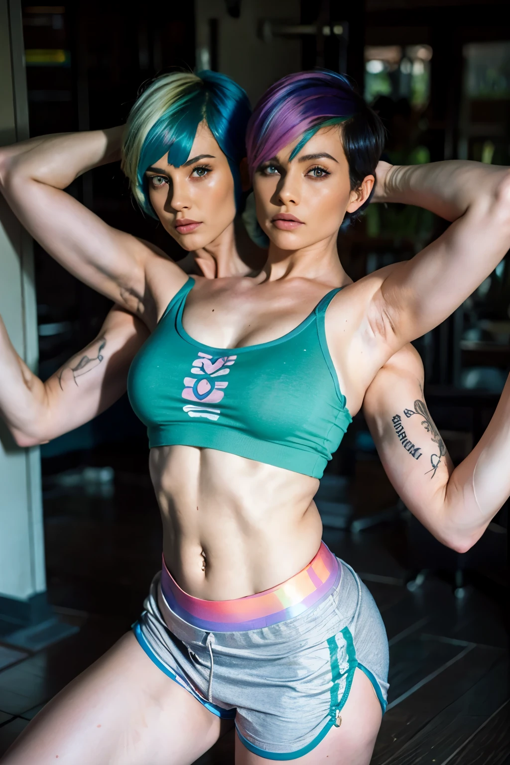 2heads, , Irish woman with two heads, 1 girl, solo, four arms, different heads, sexy, different hair, ((pixie cut)), rainbow hair, 21 years old,, shirt and yoga shorts