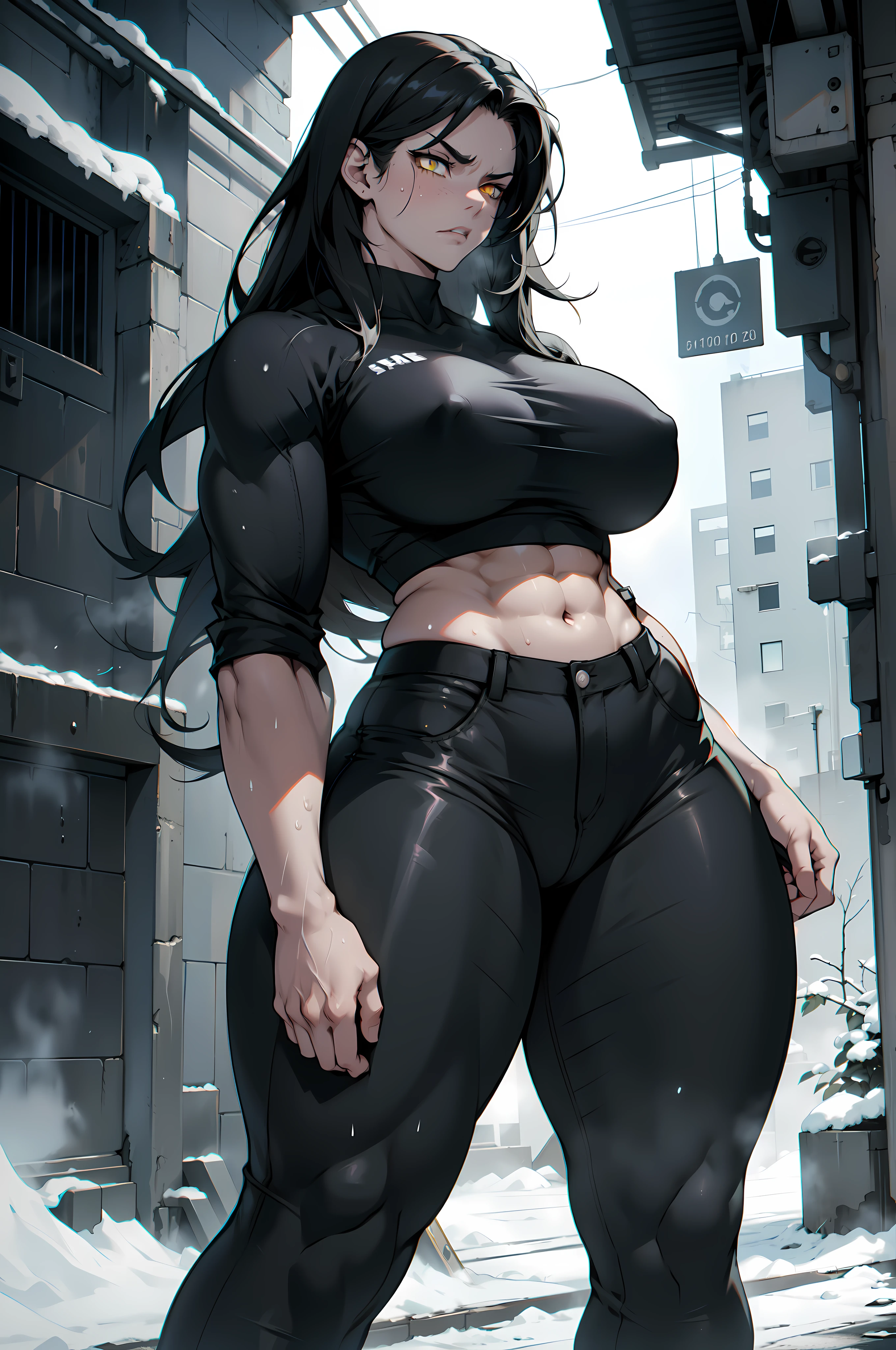 pale skin solo 1 girl black hair yellow eyes angry (very long hair sweaty) dark atmosphere (huge breasts bodybuilder toned body muscular) tight shirt tight pants (curvy thick thighs wide hips) snow veins foggy steam concrete standing