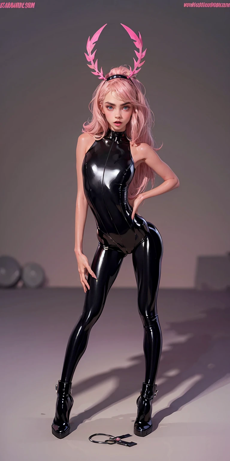 (1 girl), (cara delevingne), young girl, masculine physique, seductive face, seductive look, long pink hair, perfect muscular body, super skinny legs, black latex bodysuit, (huge muscular arms:1.25),
