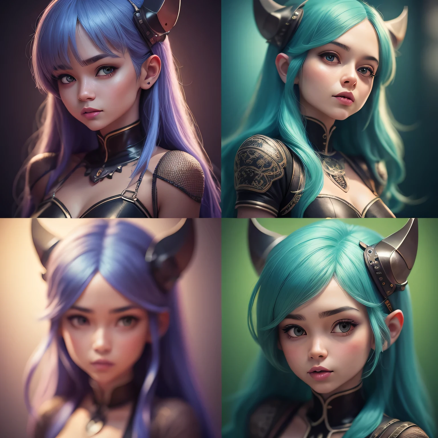 Generate a high-quality 3D image of cute monsters using advanced rendering and modeling techniques. Use the following software for creation: 3DS Max, SketchUp, SolidWorks, AutoCAD, Blender, Vectary, MeshMixer, and Unreal Engine 5. Apply photon mapping, radiosity, and physical rendering techniques with automatic white balance for realistic lighting. Create a cinematic lighting setup with a slightly intensified twilight effect. Ensure the final image has a soft focus effect, but remains ultra-detailed and realistic. The artwork should not be based on a specific photograph. Evoke a sense of technology and high-quality craftsmanship, reminiscent of a masterpiece of illustration and CG art. Include elements of unity, wallpaper, and official art in the composition. Present fine details, extreme delicacy, and beauty, with sharp focus and a high level of detail. Render the woman's hair with detailed fringes. Render the final image with a black background and a plain background. Do not include any watermark or text overlays in the generated image.