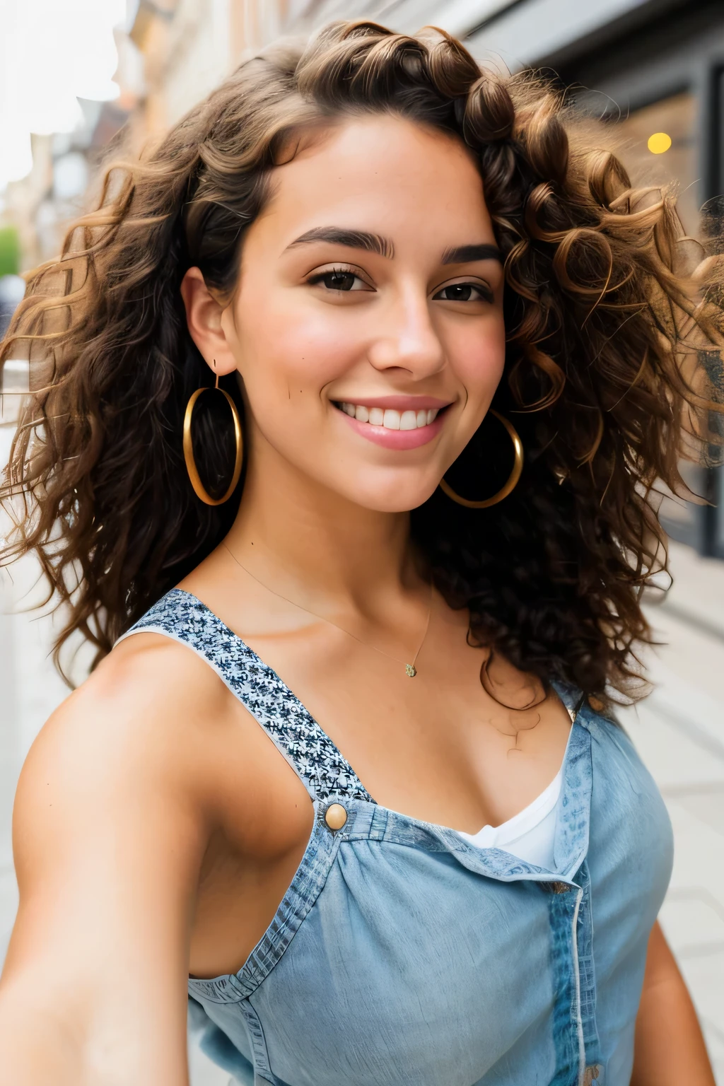 curly brown haired attractive young woman, posing for selfie and smiling towards camera whilst touring, realistic, detailed