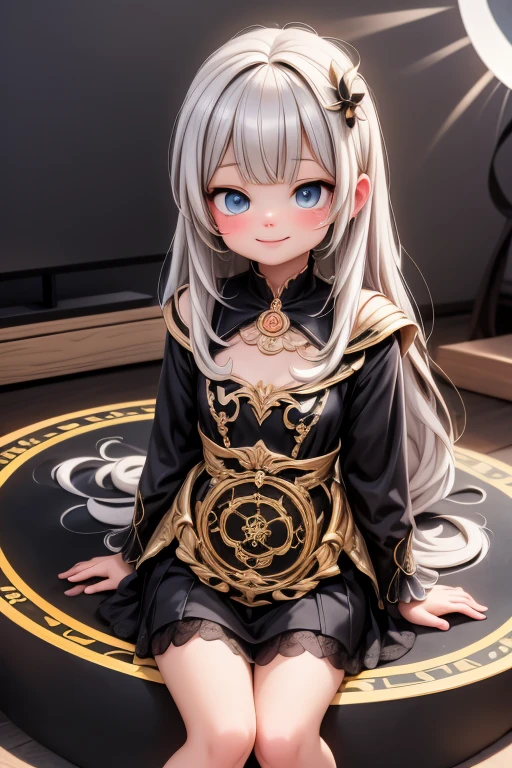 masterpiece, best quality, absurdress, a cute sorceress smiling, emerging from a magic (((glowing circle of light))), ((at night)), (luminous circle), light circle