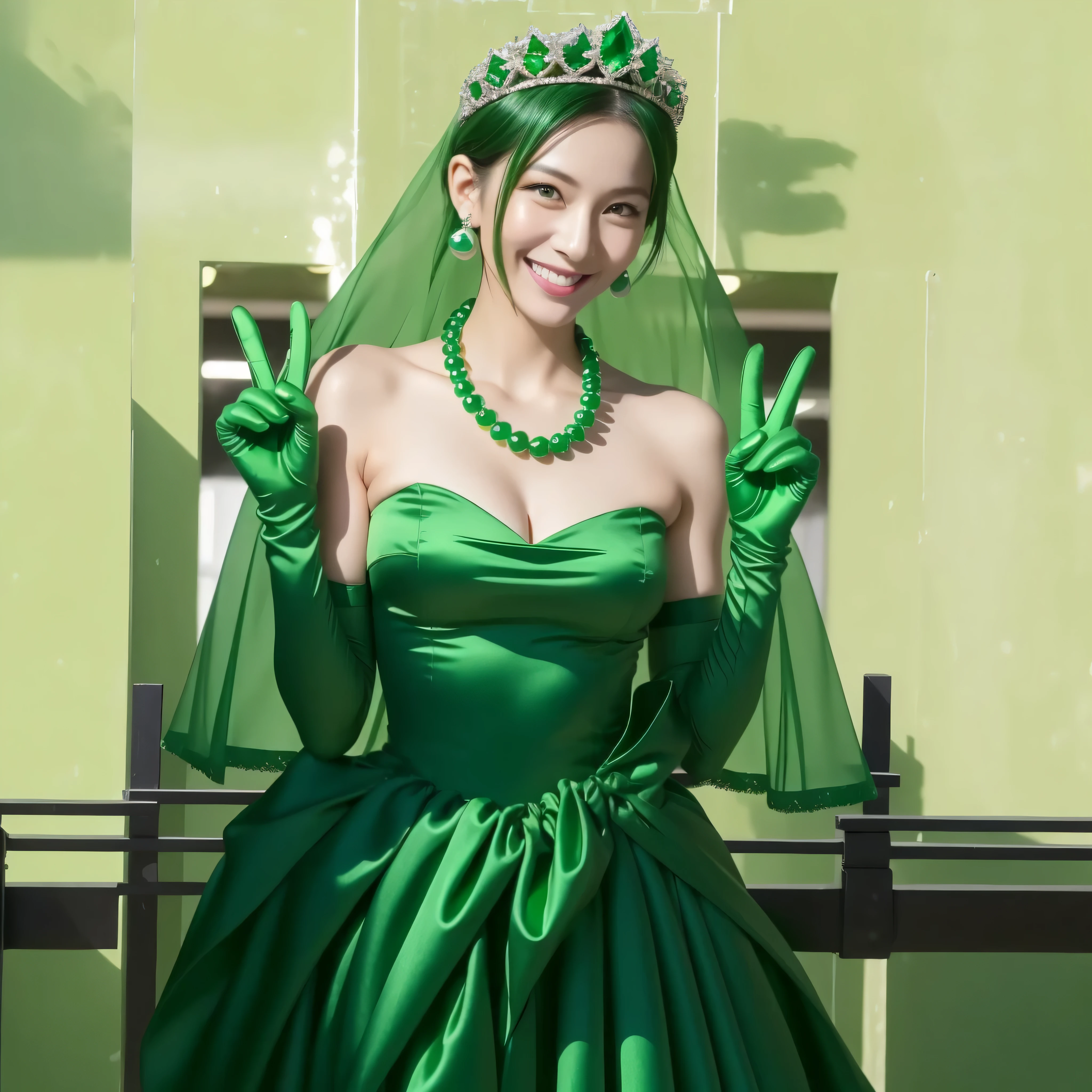 Beautiful Japan woman in her 30s, finger details, beautiful hands,emerald tiara, Green Pearl Necklace, Boyish green berry short hair, lipstick, smiling Japanese woman, very short hair, big breasts beautiful, green eyes, green satin long gloves, green eyes, emerald earrings, Green veil, v sign
