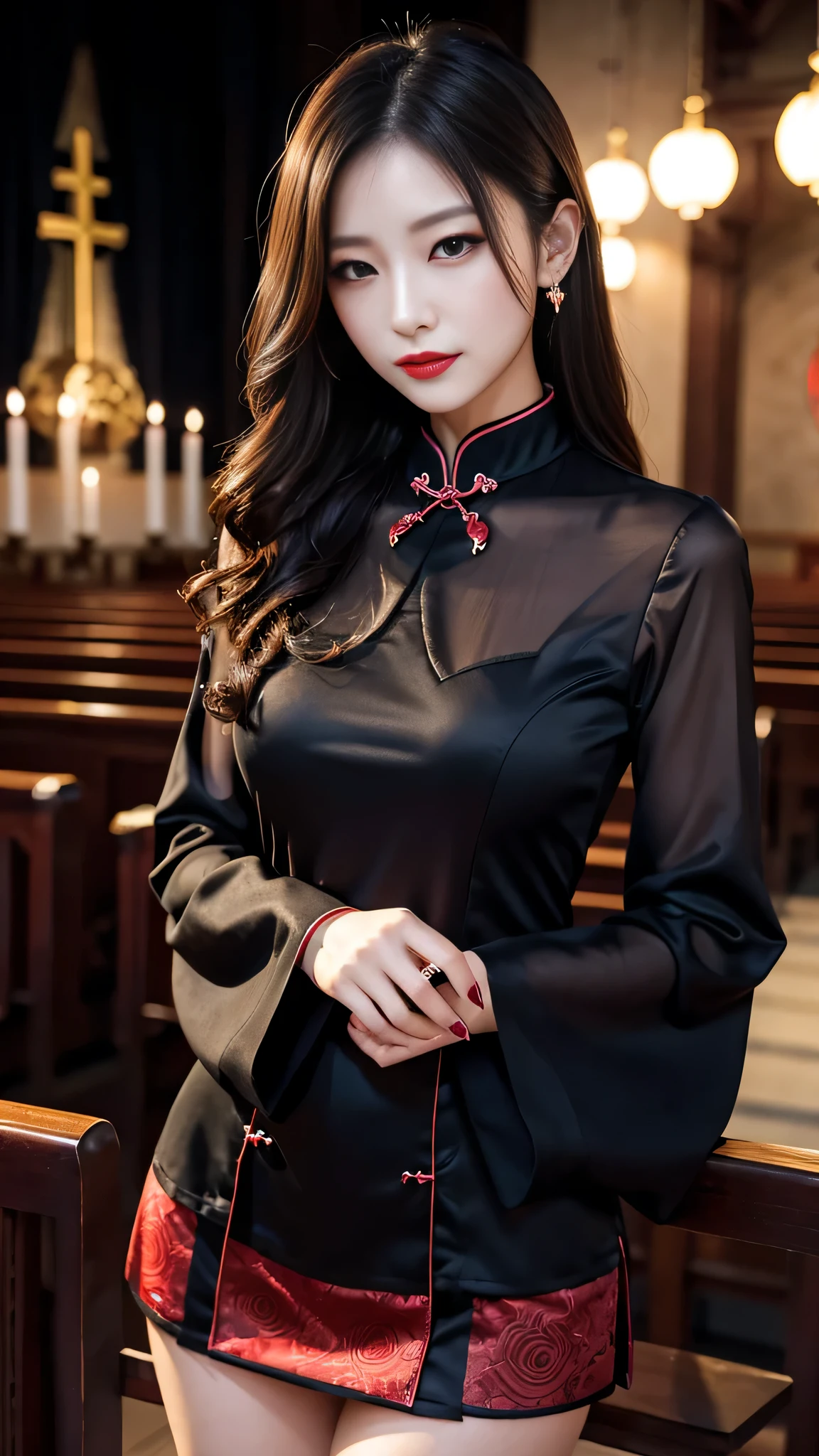 Super detailed、Japanese、charming beauty、seductive adult woman、Beautiful woman、sharp eyes、cool girl、wavy hair、long black cheongsam、wide sleeve、evilの幹部、evil depravity、brainwashing、Mind control、apply lipstick、grin、evilな表情、evil、empty eyes、evil、church at night、vampire、vampire、Hypnosia makeup brush