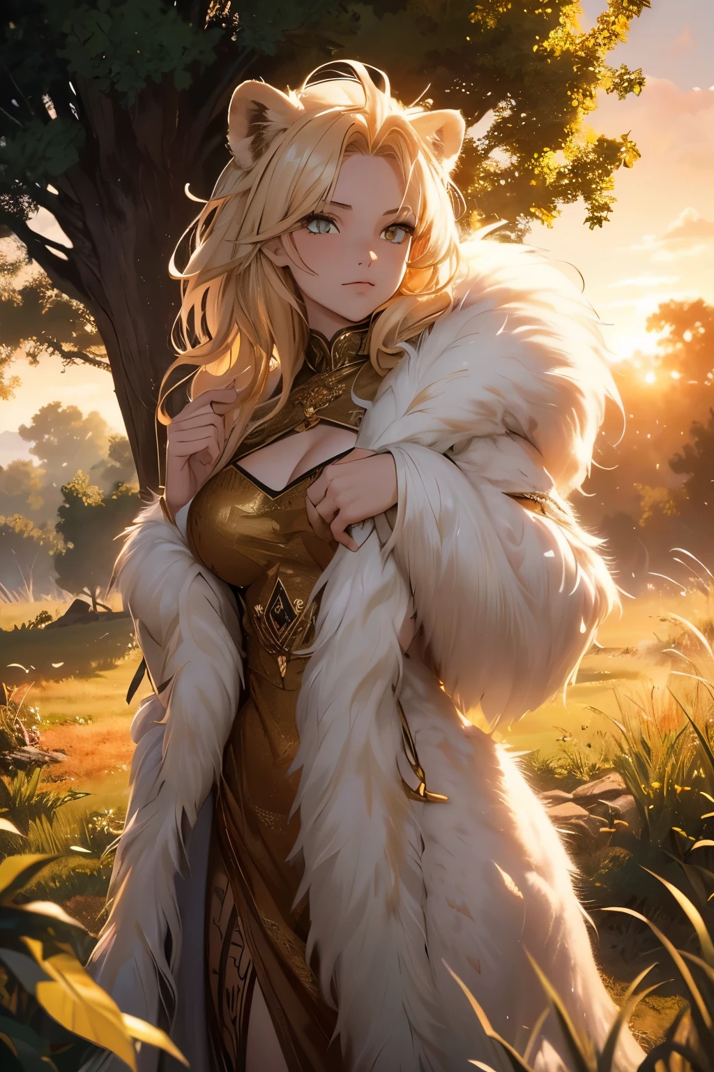 Huge white lion (albino), with a magnificent mane. Powerful front paws. Sharp front fangs (snarling expression). Hunting a defenseless (torn clothing) girl (model). Flawless figure. Savanna. Against the backdrop of a garden. (best quality, 4k, 8k, highres, masterpiece:1.2), ultra-detailed, (realistic, photorealistic, photo-realistic:1.37), HDR, studio lighting, ultra-fine painting, sharp focus, physically-based rendering, extreme detail description, professional, vivid colors, bokeh Medium: illustration, with a touch of oil painting, and a hint of 3D rendering and photography Additional details: tall grass gently swaying in the breeze, a distant herd of animals, beautiful sunset colors painting the sky, sweat glistening on the lion's fur, the girl's terrified expression, intricate pattern on the torn clothing Artistic style: wildlife, realistic Color tone: warm and vibrant, with hints of golden and orange Lighting: soft, warm sunlight creating a golden glow, casting long shadows on the savanna