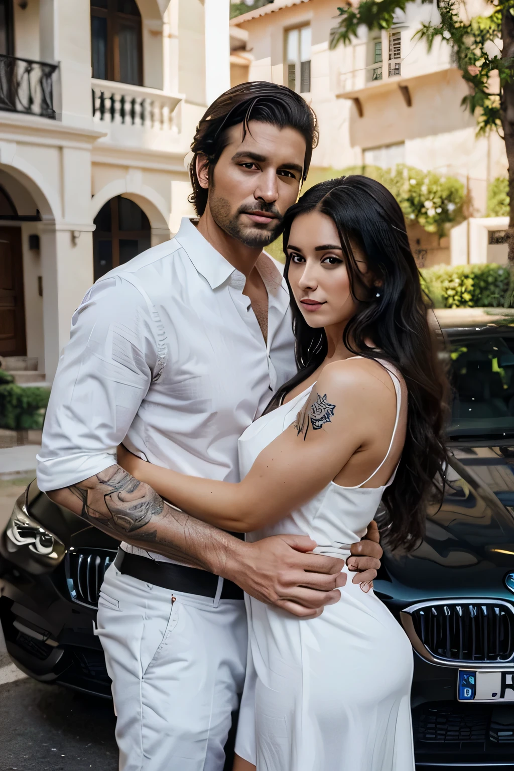 Gere uma imagem realista, A imagem deve conter um elegante homem branco de 35 anos, black hair and beard with tattoo on just one arm., with athletic fitness body, Not too exaggerated, ele parece uma estrela de cinema de Hollywood. Your wife is beautiful, white woman with black hair and a beautiful body and is wearing a beautiful white dress and is looking at him with a look of love and admiration, in the image must also contain 4 children, three boys and one girl, eles tem idade de 7 a 10 anos e a 3 anos, os filhos devem se parecer com os pais. The setting is a beautiful mansion in the background with a beautiful facade and the image must also contain a BMW X6 and a lamborguini in the garage.