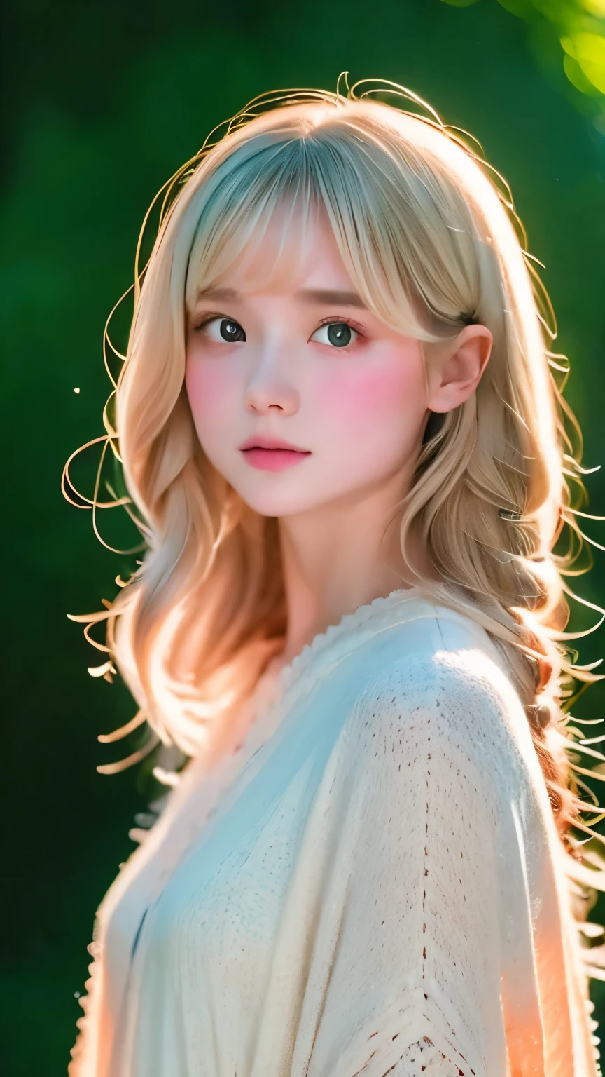 High quality portrait photography、in a fantastic forest、one girl、Very cute、ash blonde hair、small nose、plump lips、Eyes of precise precision、standing in silence、An ennui look、natural body、white poncho:1.5、Forest Spirit、rabbit、Cait Sea、in the deep forest、wood洩れ日、wood々tunnel of、blurred background、Backlight:0.5, medium depth of field, Photographed with Canon 5D, 50mm lens, f/4 apertures, (very detailed, intricate details), sharp focus, calm colors, 8k, confused, 8mm film grain,