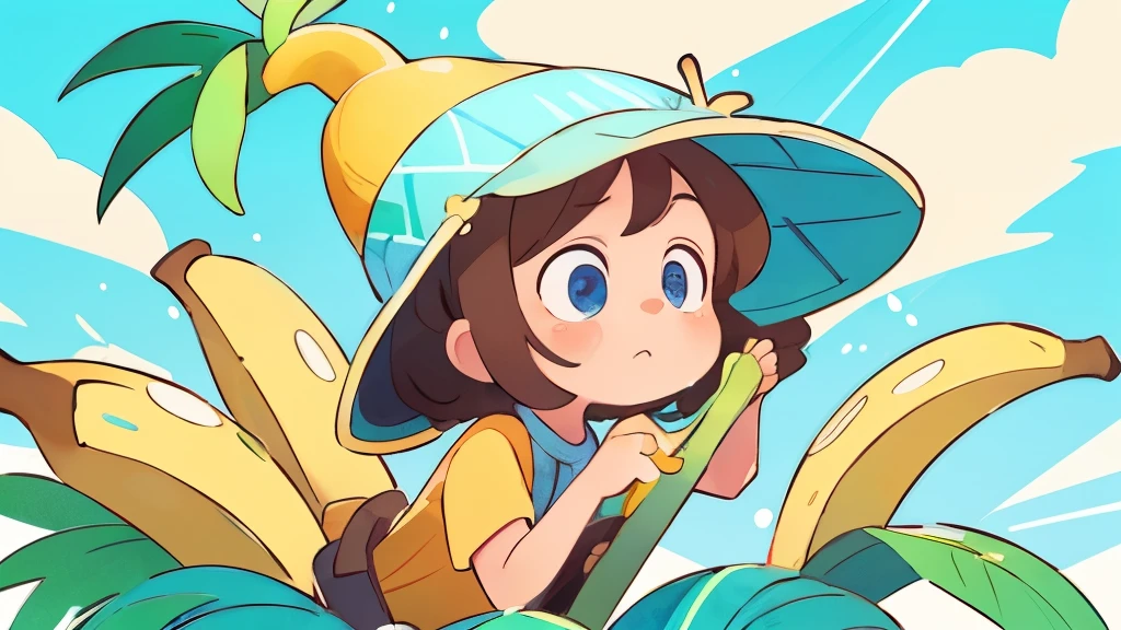 supper sad, banana hat, bananas background pattern, banana tree, blueish background, high detailed, fornite banana costume, shooting, explosion, high contrast, high saturation, guns, bananas, crying, big eyes, in a close view, front, girly brown hair, blue eyes