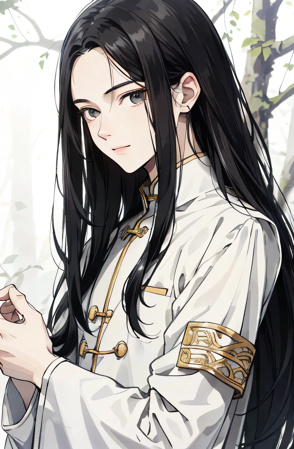 Absurd, A high resolution, super detailed, Texture details, clear idea, HD details, Detailed execution, small parts, clean face, Fix it for sure, ((long black hair))、long white hair、18-year-old man, Beautiful, High,soft smile、slightly muscular,(Transparent eyeballs), (1 person: 1.3), hand painted, Simple lines, (An 18-year-old man wearing a white Chinese suit), Misty Forest、Upper body,(Exocet suit 1.2)