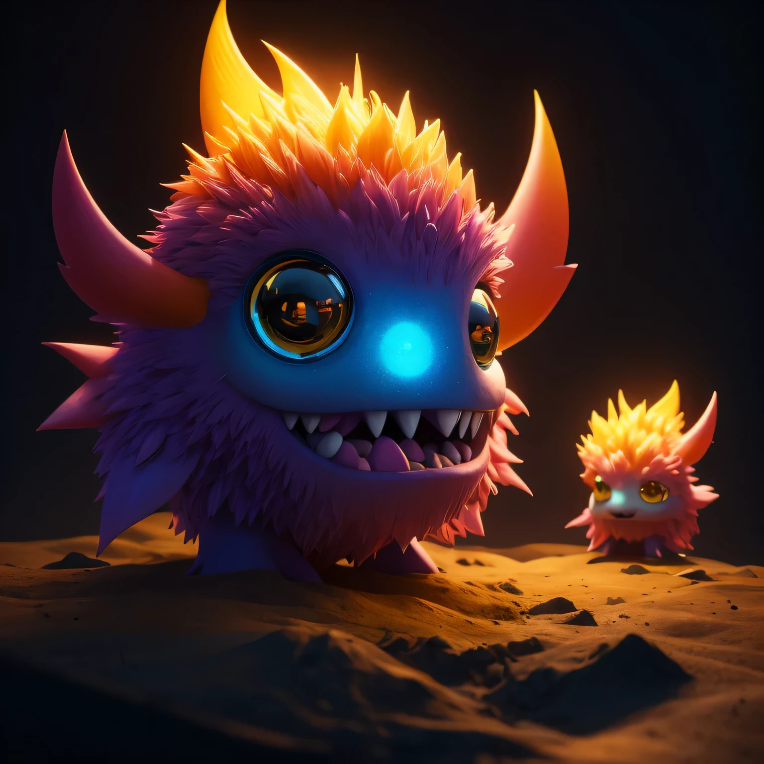 Generate a high-quality 3D image of cute monsters using advanced rendering and modeling techniques. Use the following software for creation: 3DS Max, SketchUp, SolidWorks, AutoCAD, Blender, Vectary, MeshMixer, and Unreal Engine 5. Apply photon mapping, radiosity, and physical rendering techniques with automatic white balance for realistic lighting. Create a cinematic lighting setup with a slightly intensified twilight effect. Ensure the final image has a soft focus effect, but remains ultra-detailed and realistic. The artwork should not be based on a specific photograph. Evoke a sense of technology and high-quality craftsmanship, reminiscent of a masterpiece of illustration and CG art. Include elements of unity, wallpaper, and official art in the composition. Present fine details, extreme delicacy, and beauty, with sharp focus and a high level of detail. Render the woman's hair with detailed fringes. Render the final image with a black background and a plain background. Do not include any watermark or text overlays in the generated image.