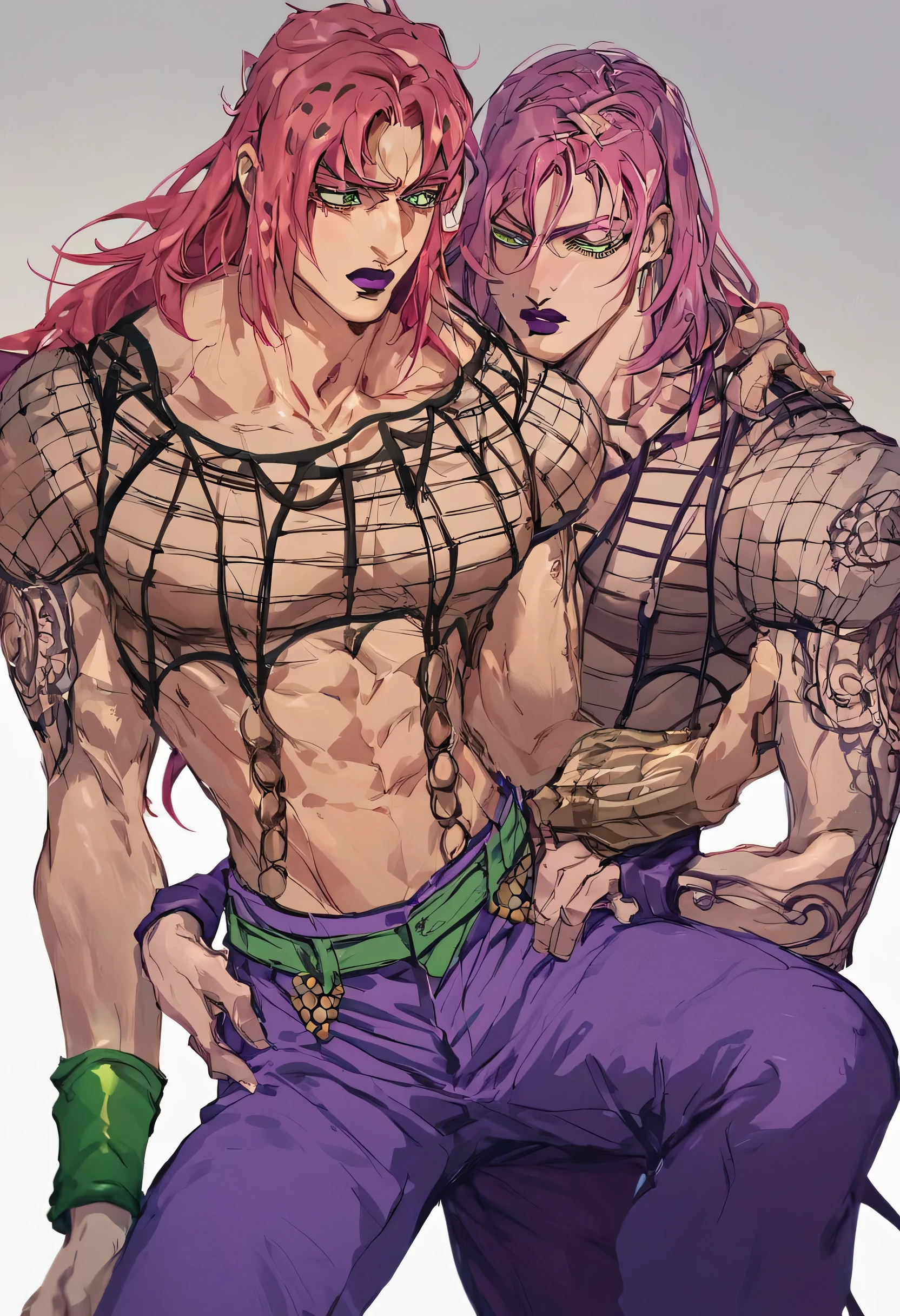male, 1boy, green eyes, score_9, score_8_up, score_7_up, score_6_up, fishnet top, male focus, diavolojojo, purple pants, wristband, sakimichan,sakimichan