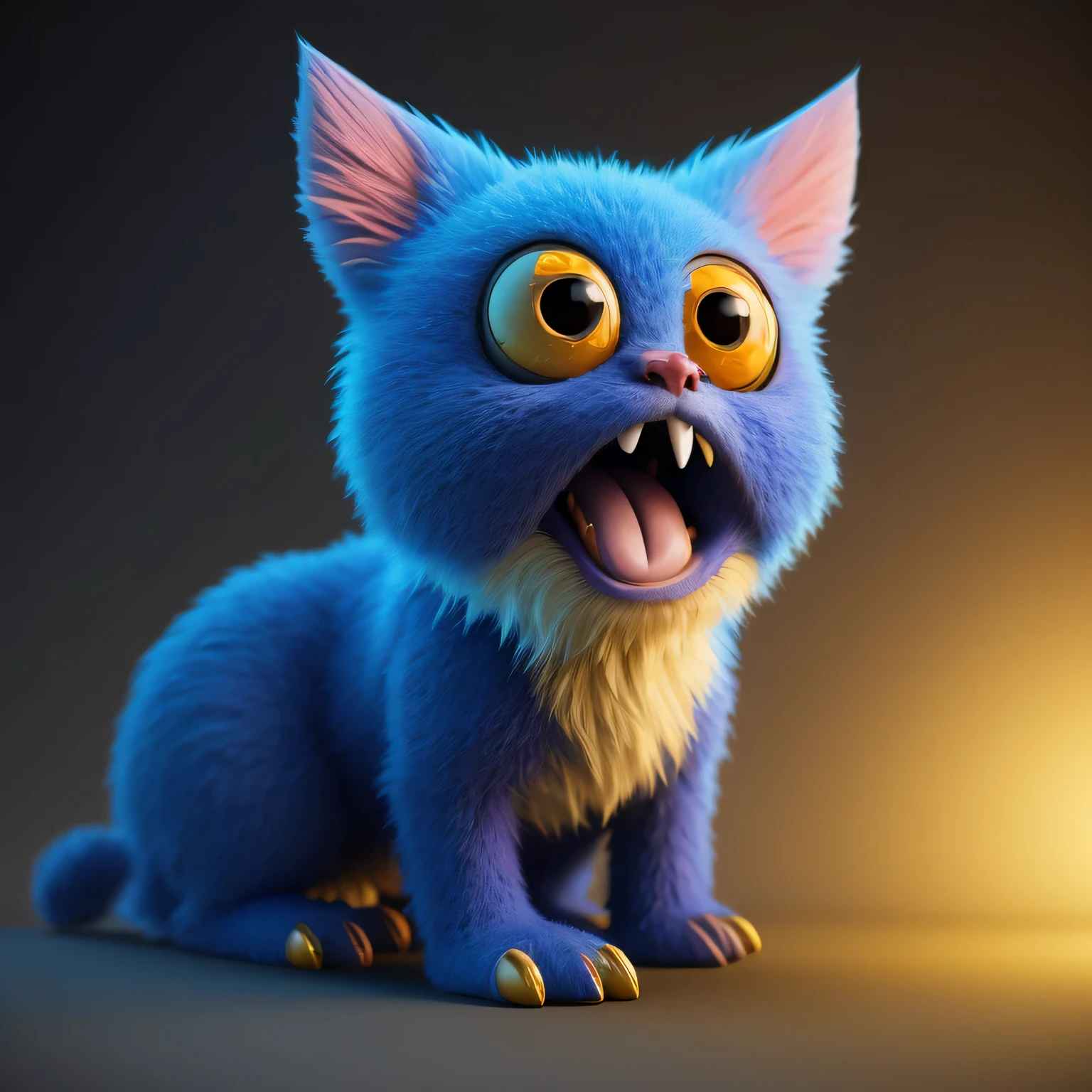 Generate a high-quality 3D image of cute monsters using advanced rendering and modeling techniques. Use the following software for creation: 3DS Max, SketchUp, SolidWorks, AutoCAD, Blender, Vectary, MeshMixer, and Unreal Engine 5. Apply photon mapping, radiosity, and physical rendering techniques with automatic white balance for realistic lighting. Create a cinematic lighting setup with a slightly intensified twilight effect. Ensure the final image has a soft focus effect, but remains ultra-detailed and realistic. The artwork should not be based on a specific photograph. Evoke a sense of technology and high-quality craftsmanship, reminiscent of a masterpiece of illustration and CG art. Include elements of unity, wallpaper, and official art in the composition. Present fine details, extreme delicacy, and beauty, with sharp focus and a high level of detail. Render the woman's hair with detailed fringes. Render the final image with a black background and a plain background. Do not include any watermark or text overlays in the generated image.