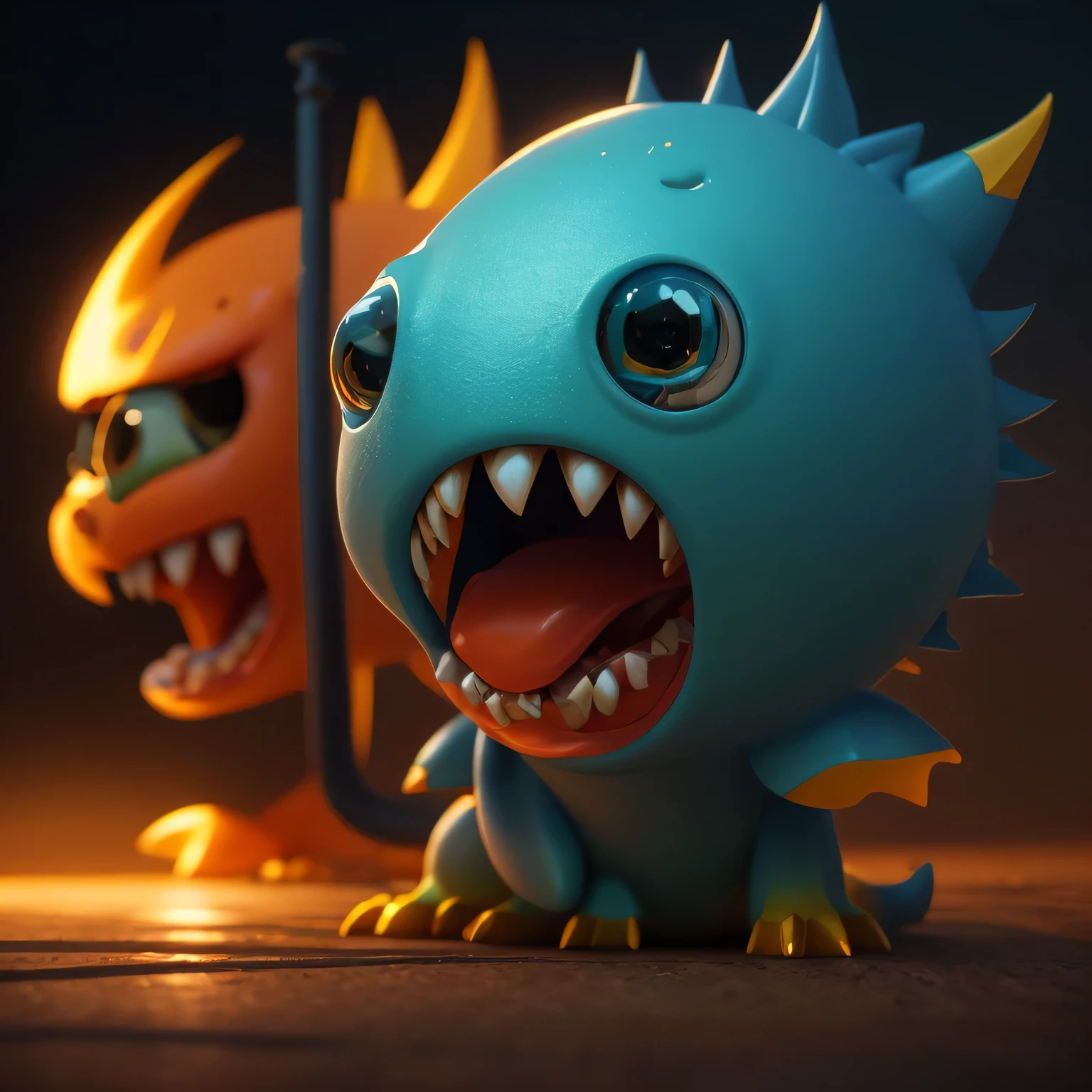 Generate a high-quality 3D image of cute monsters using advanced rendering and modeling techniques. Use the following software for creation: 3DS Max, SketchUp, SolidWorks, AutoCAD, Blender, Vectary, MeshMixer, and Unreal Engine 5. Apply photon mapping, radiosity, and physical rendering techniques with automatic white balance for realistic lighting. Create a cinematic lighting setup with a slightly intensified twilight effect. Ensure the final image has a soft focus effect, but remains ultra-detailed and realistic. The artwork should not be based on a specific photograph. Evoke a sense of technology and high-quality craftsmanship, reminiscent of a masterpiece of illustration and CG art. Include elements of unity, wallpaper, and official art in the composition. Present fine details, extreme delicacy, and beauty, with sharp focus and a high level of detail. Render the woman's hair with detailed fringes. Render the final image with a black background and a plain background. Do not include any watermark or text overlays in the generated image.