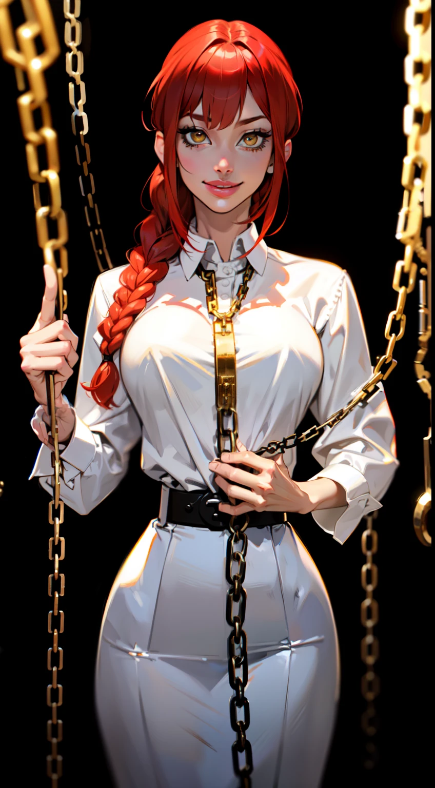 makima with the face of \ (chainsaw man\), best quality, ultra detailed, 1girl, solo, standing, red hair, long braided hair, golden eyes, bangs, medium breasts, white shirt, tie, look, smile, (bad: 1.2), looking at the viewer, (interview: 1.3), (dark background, chains: 1.3), sharp contrast, beautiful detailed eyes, focus, c