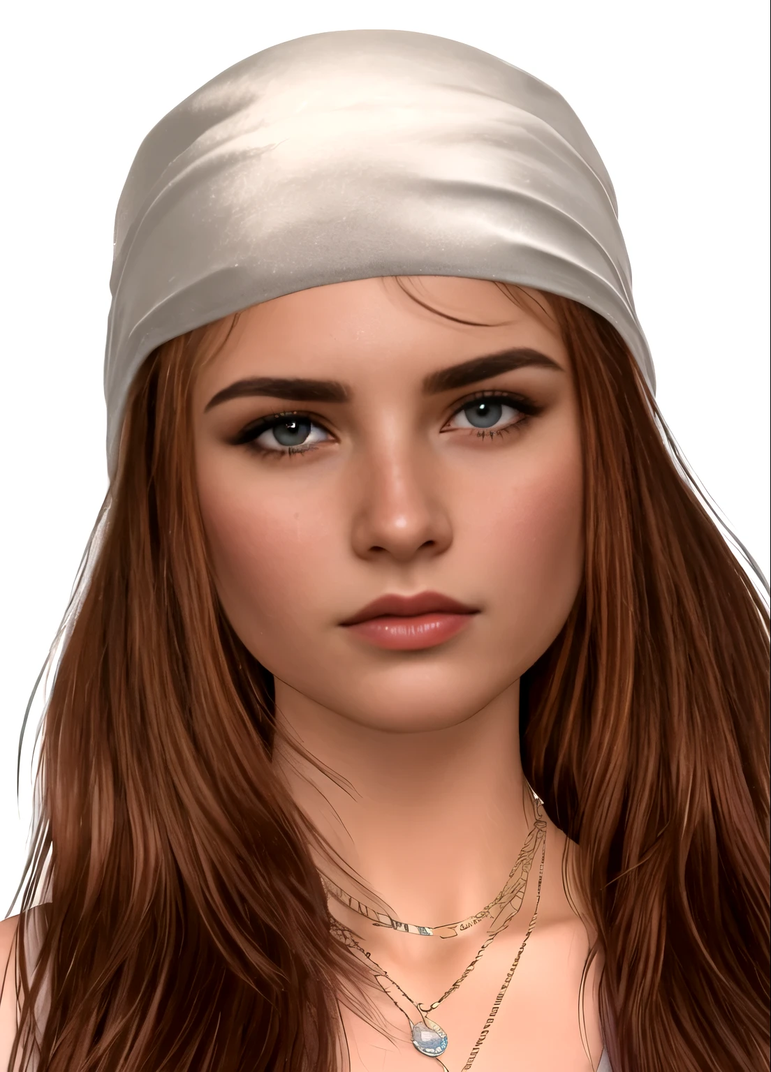 um close de uma mulher com uma faixa branca e um colar, Realista rosto detalhado, avatar da segunda vida, detailed Realista face, highly detailed Realista face, hyperRealista , real rosto detalhado, detailed and Realista face, photo-Realista face, ultra Realista face, inspirado em Emma Andijewska, Realista and rosto detalhado, extremely Realista face, Realista | rosto detalhado, mesmo tom de pele