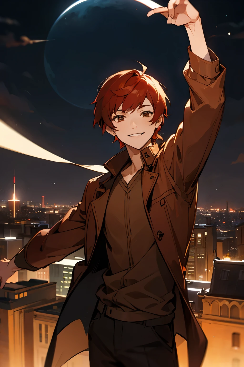 avatar,short hair, brown shirt, young male, brown eyes, moonlight, red hair, city background, brown jacket, smiling