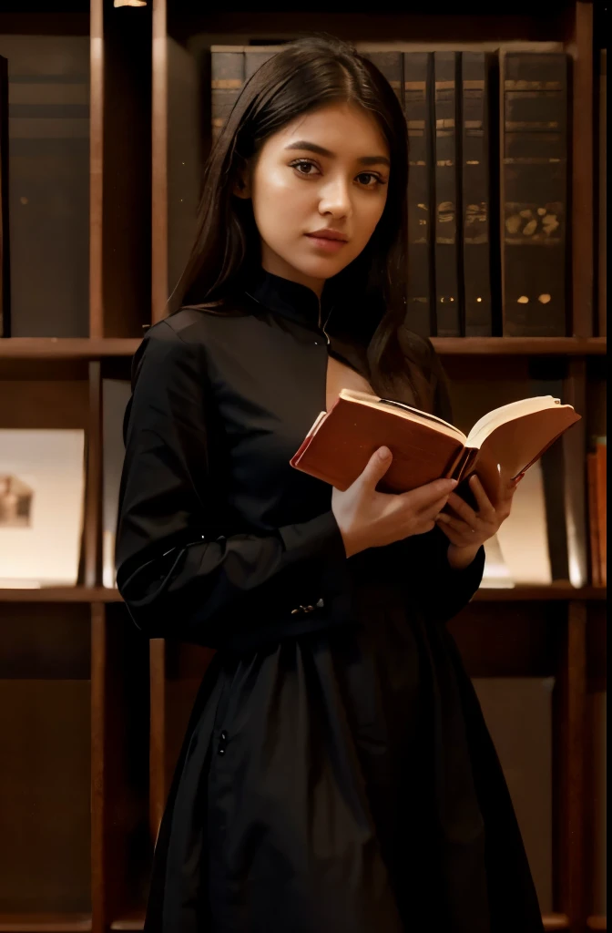 A girl in a black evening dress who looks like Chak Sinesh is found in a chic library reading a book and looking around