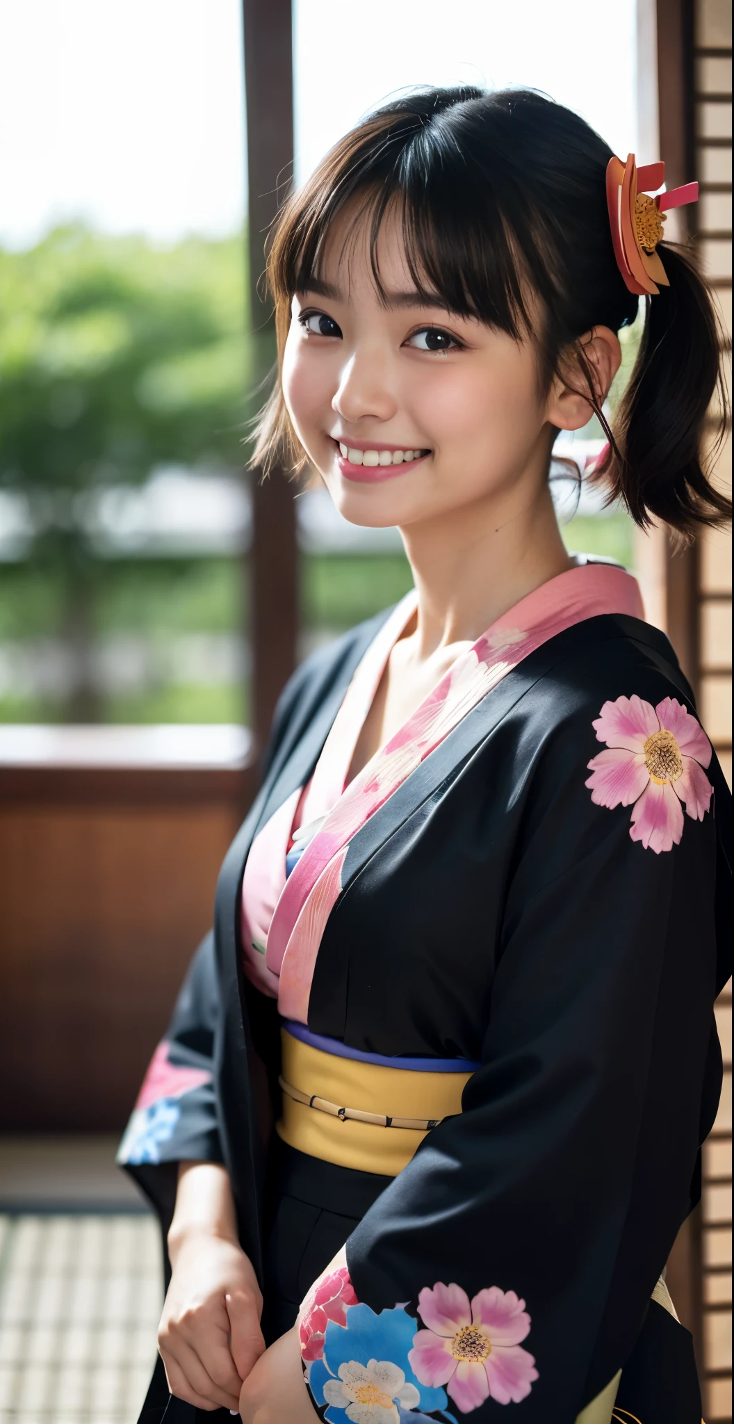 （8k、Raw photography、highest quality、masterpiece：1.2),(black haired、very short hair:1.8),(short twin tails:1.4)、show viewer,Looking at the front,erotic,白いskin,(Wearing a kimono with a colorful floral pattern:1.7)、()、(Clothing that emphasizes the shape of your chest、publish one&#39;skin:1.4)、(big breasts :1.2)、slim body shape、ultra high resolution,beautiful,beautiful fece,(alone、no background:1.9),whole bodyボディー,japanese woman,（Photoreal：1.37）、photon mapping,reality、(Baby-faced and cute: 1.0)、(cute smile: 1.7)、(With a round face: 1.7)、radio city、Physically based rendering、depth of field rally background、photograph, (I can see your knees,close up of thighs:1.5),whole body、super fine