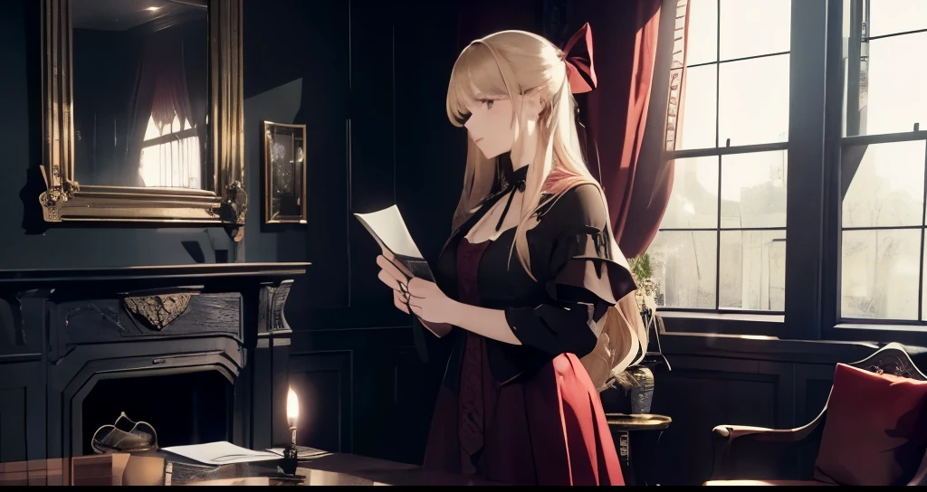 ultra-high resolution, 8k, Create an image of a young woman with long blonde hair tied back with a red ribbon, standing in a dimly lit, classic Victorian room, She is dressed in a dark lace dress and is holding up a tarot card with a detailed design towards an ornate chandelier, The room is richly decorated with old paintings, a large window with dark drapes, and a fireplace, There are scattered tarot cards on a red velvet tablecloth in front of her, alongside antique items like a quill, ink bottle, and sealed letters, The atmosphere is mysterious and the lighting is moody with candles casting soft glows,