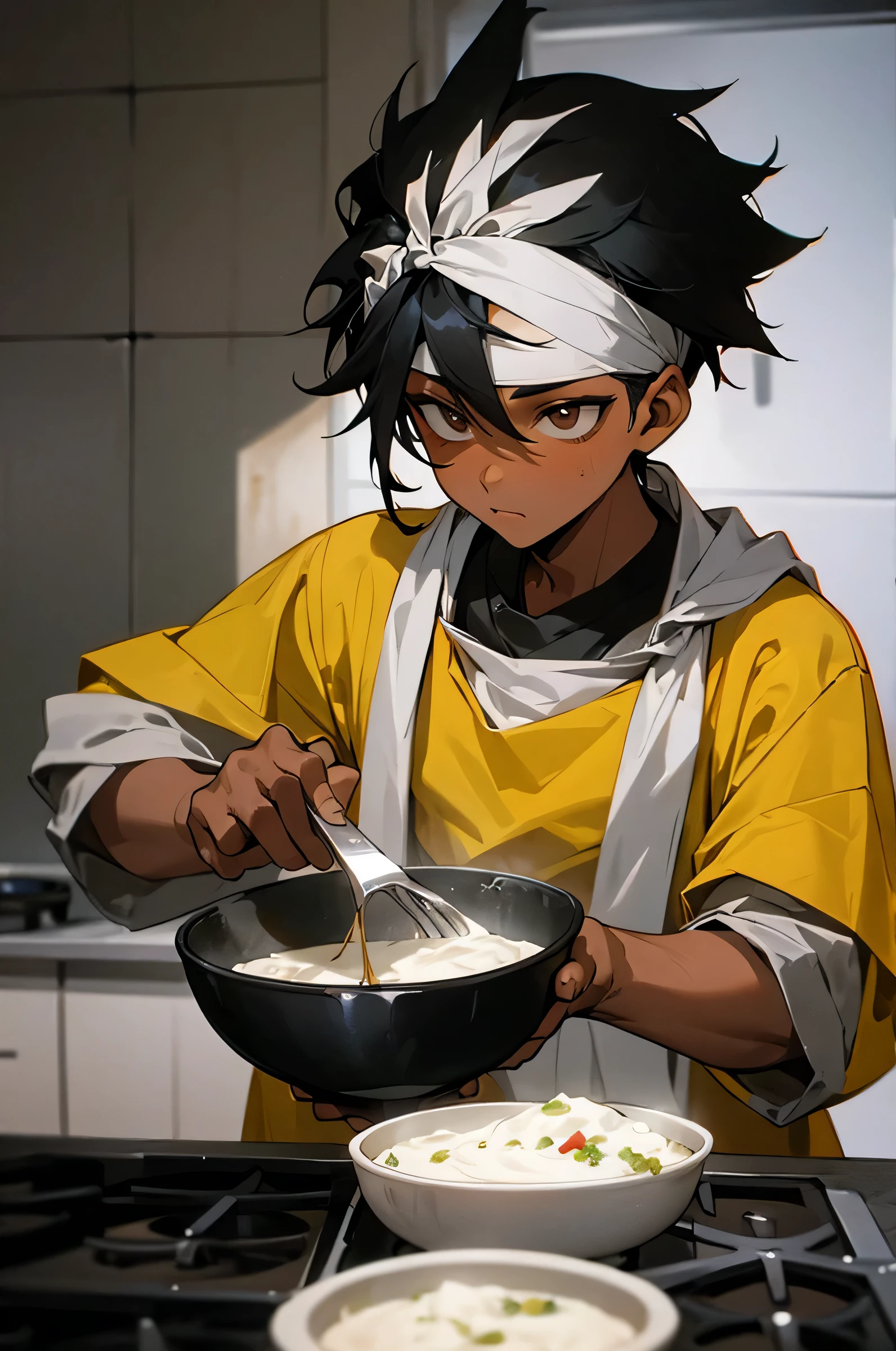 1 male, Young Adult, African American Skin Color, Kitchen Background, Cooking, Black Hair, Bandana on head, Masterpiece Quality, Perfect Generation.