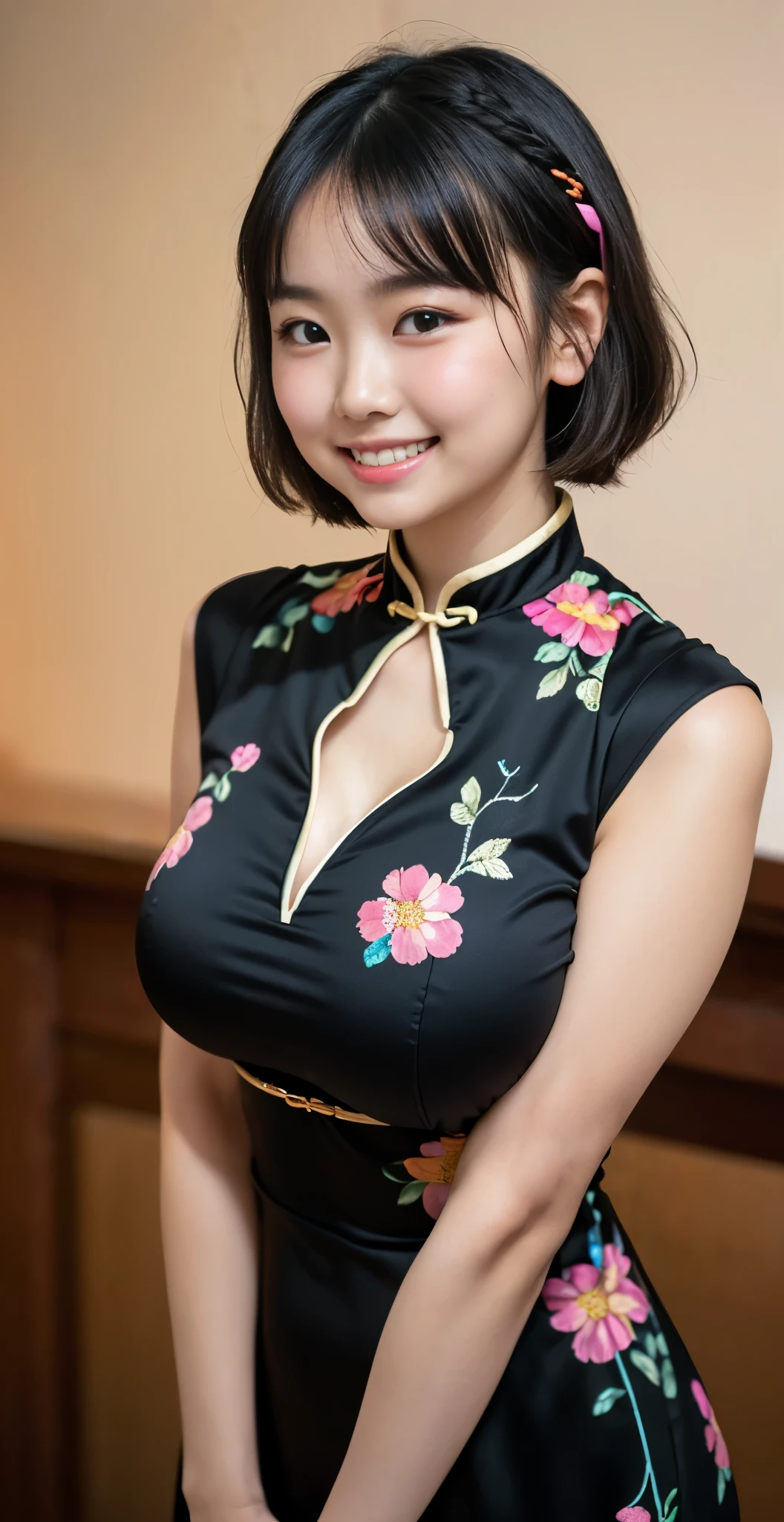 （8k、Raw photography、highest quality、masterpiece：1.2),(black haired、very short hair:1.8),(twin mitsu braid:1.4)、show viewer,Looking at the front,erotic,白いskin,(She is wearing a brightly colored Chinese dress with a floral pattern.。.:1.7)、()、(Clothing that emphasizes the shape of your chest、publish one&#39;skin:1.8)、(big breasts :1.4)、slim body shape、ultra high resolution,beautiful,beautiful fece,(alone、no background:1.9),whole bodyボディー,japanese woman,（Photoreal：1.37）、photon mapping,reality、(Baby-faced and cute: 1.0)、(cute smile: 1.7)、(With a round face: 1.7)、radio city、Physically based rendering、depth of field rally background、photograph, (I can see your knees,close up of thighs:1.5),whole body、super fine