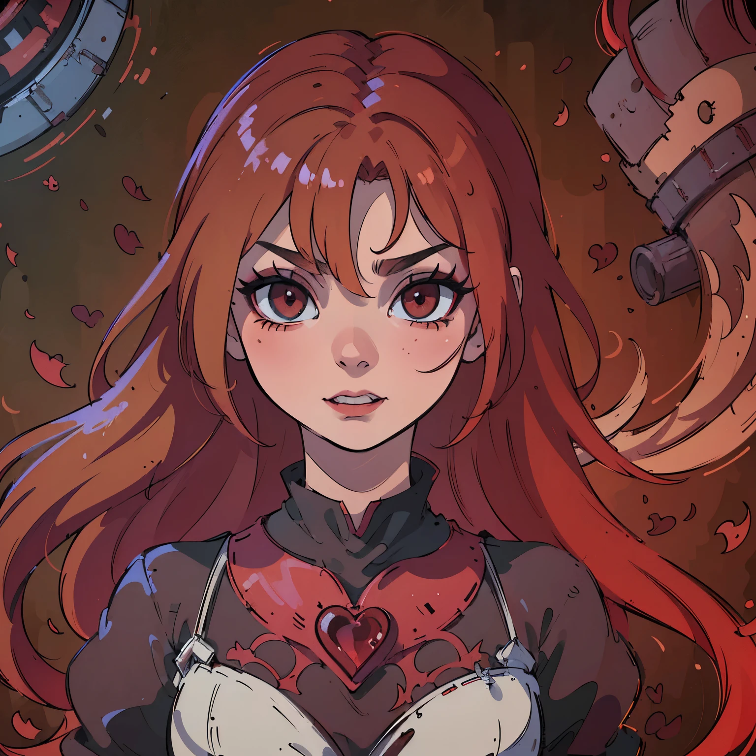 (best quality,4k,8k,highres,masterpiece:1.2),ultra-detailed,(realistic,photorealistic,photo-realistic:1.37),blood red hair,blood red eyes,extremely detailed eyes and face,lighter skin, detailed teeth,vivid colors,dark shadows,dramatic lighting,gothic,horror,portrait,very red hair,beautiful nose