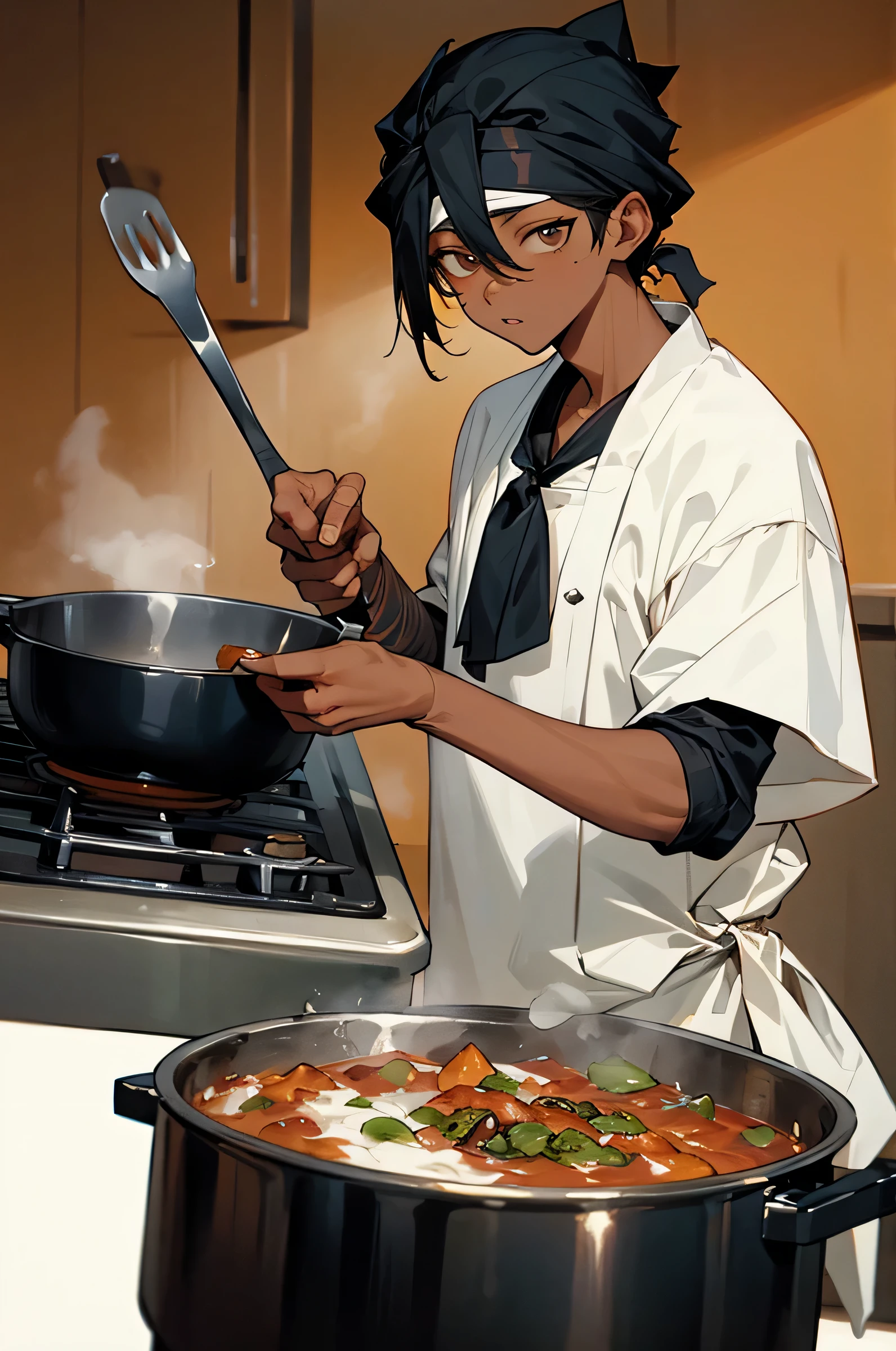 1 male, Young Adult, African American Skin Color, Kitchen Background, Cooking, Black Hair, Bandana on head, Masterpiece Quality, Perfect Generation.