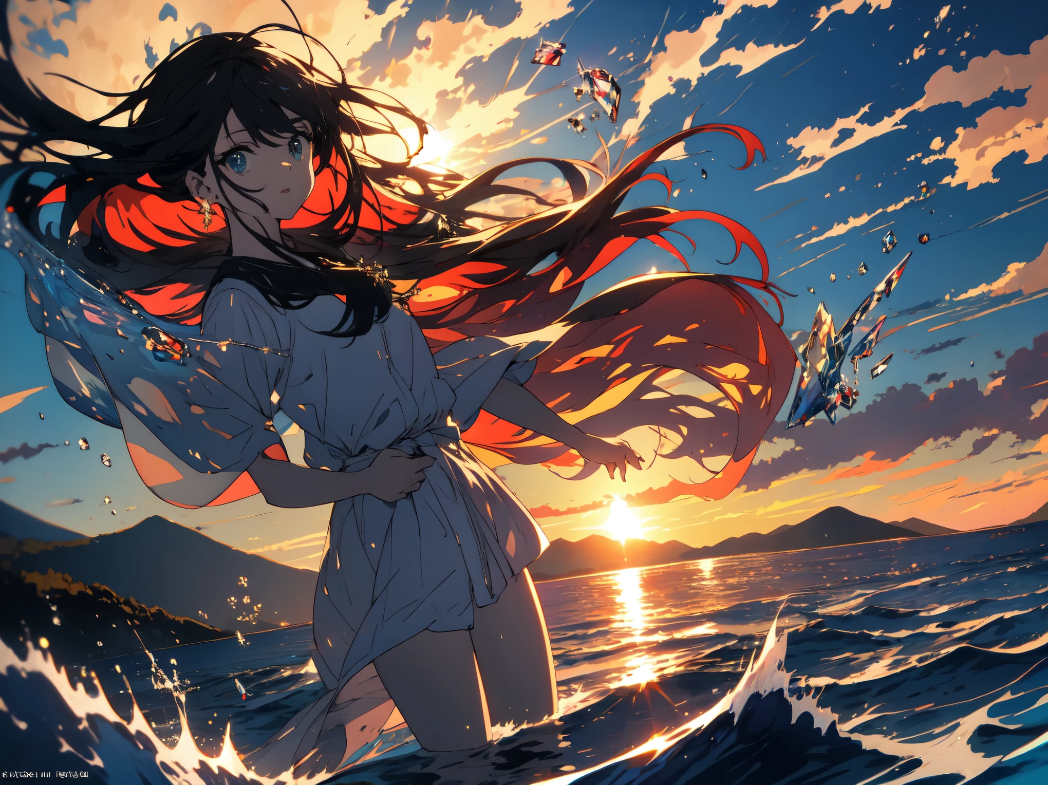 (highest quality、masterpiece、detailed)、(one pretty girl)、The sun shines on the crystal glass with the sea and mountains in the background、beautiful anime