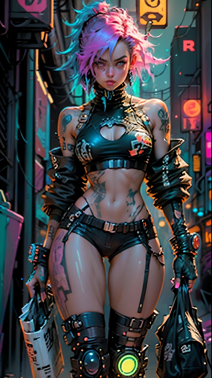 "(best quality, highres), loose cyberpunk aesthetic,woman with defined thick thighs,cybernetic body parts,body modification technology,short underwear,neon lights,glowing tattoos,shiny metallic surfaces,vibrant colors,reflective textures,dystopian cityscape"