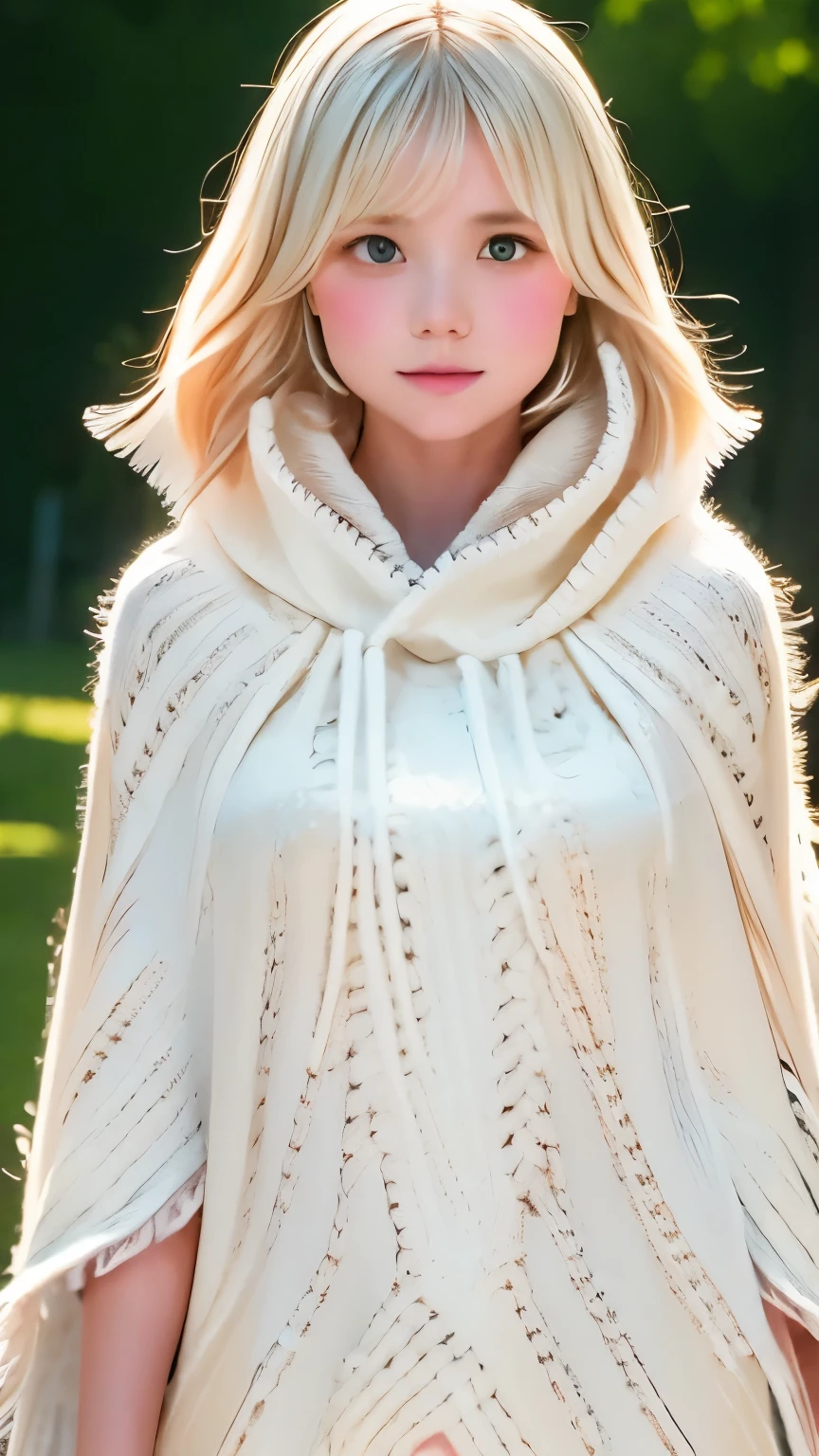 High quality portrait photography、in a fantastic forest、one girl、Very cute、ash blonde hair、small nose、plump lips、Eyes of precise precision、standing in silence、An ennui look、natural body、(((white poncho:1.5)))、Forest Spirit、rabbit、Cait Sea、in the deep forest、wood洩れ日、wood々tunnel of、blurred background、Backlight:0.5, medium depth of field, Photographed with Canon 5D, 50mm lens, f/4 apertures, (very detailed, intricate details), sharp focus, calm colors, 8k, confused, 8mm film grain,