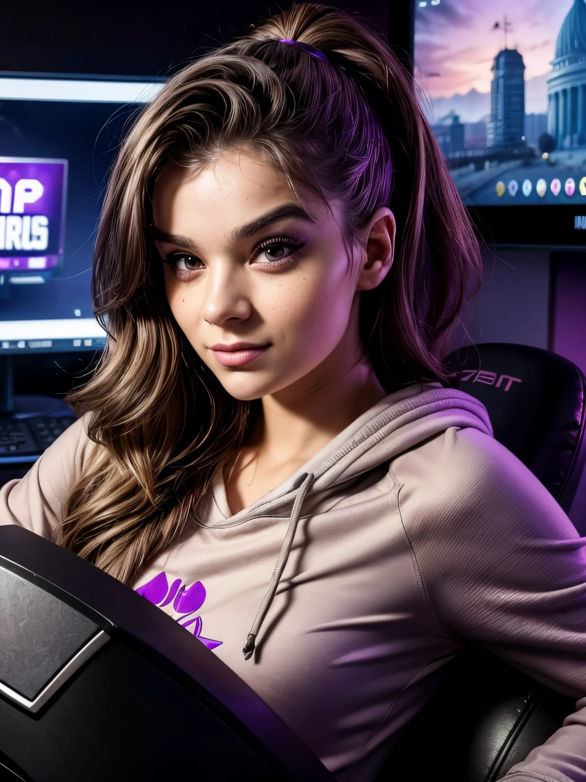 Ilaria ilart, a 23-year-old girl, with long dark brown, purple eyes, usually dresses in sweatshirts. she is in her gaming room ,. and looking ahead. She has purple eyes