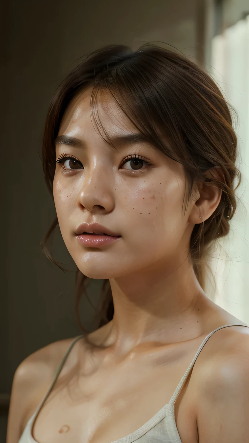 25 Jahre alt, girl, Koreanisch / asiatisch, hyperrealistisches Foto, Realistische Hautstruktur, leichte Sommersprossen auf der Nase, braunes Haar, das schulterlang ist, Oberteil, das etwas Haut zeigt, portrait, kleine Nase, Green eyes, Meisterwerk, highest quality