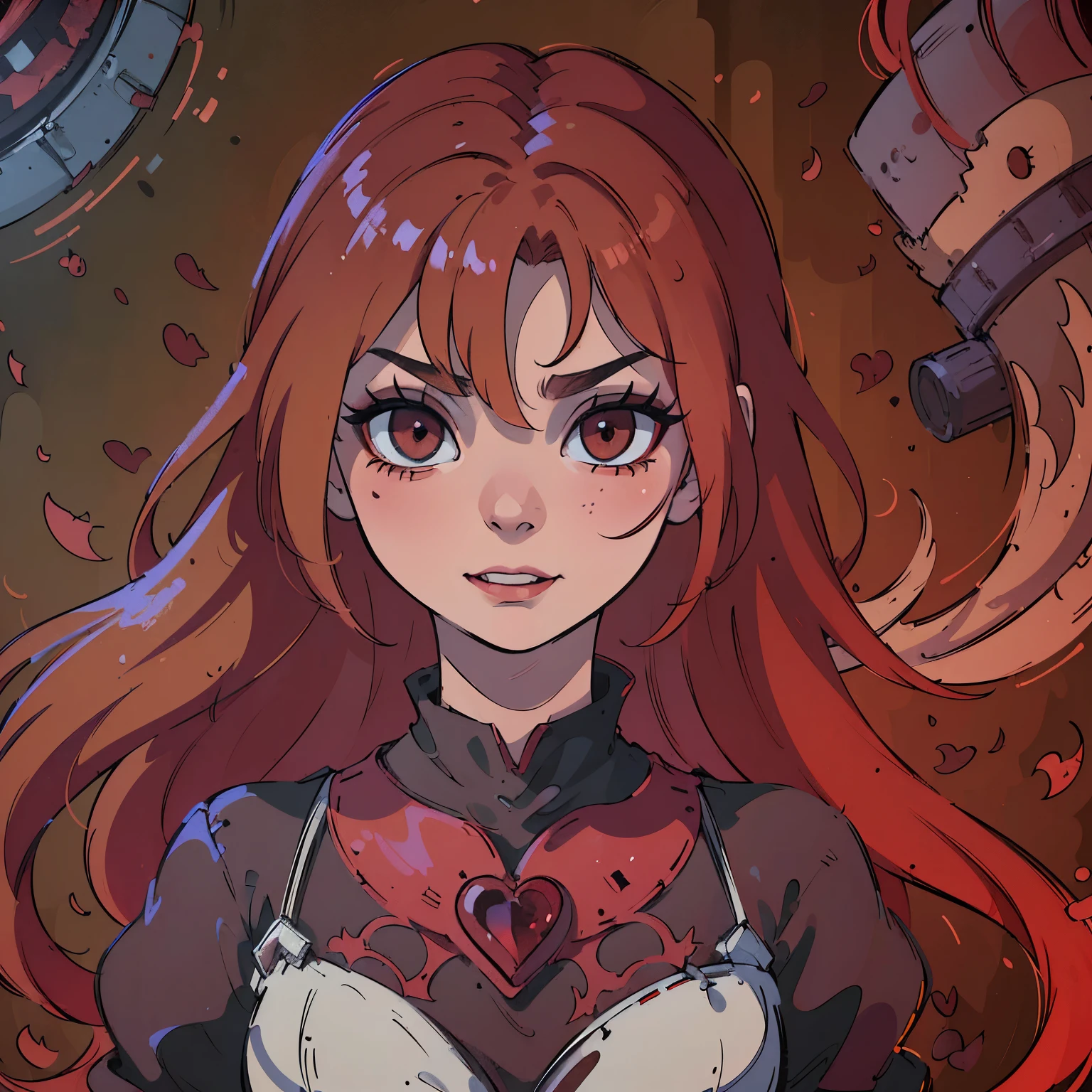 (best quality,4k,8k,highres,masterpiece:1.2),ultra-detailed,(realistic,photorealistic,photo-realistic:1.37),blood red hair,blood red eyes,extremely detailed eyes and face,lighter skin, detailed teeth,vivid colors,dark shadows,dramatic lighting,gothic,horror,portrait,very red hair,beautiful nose,smile