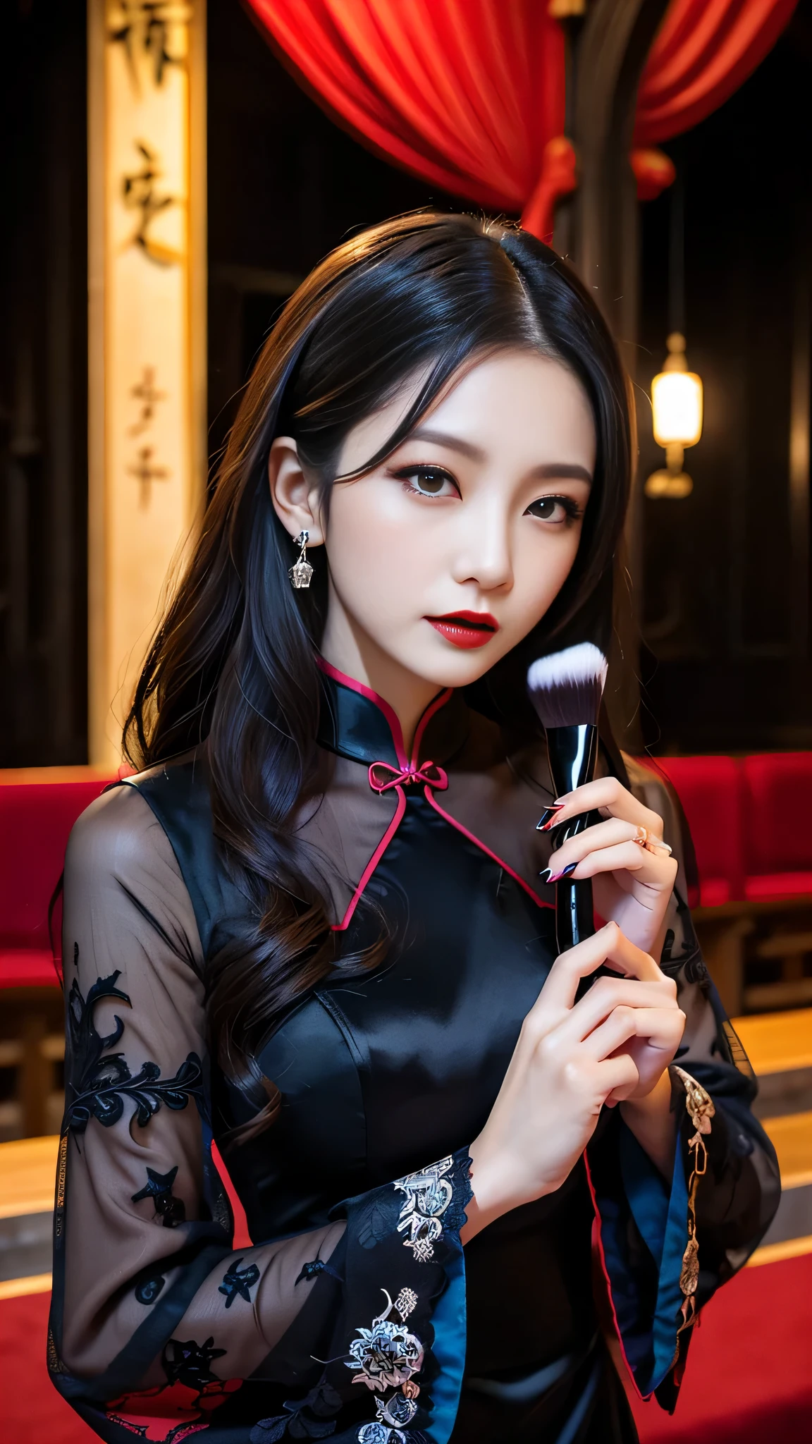Super detailed、Japanese、charming beauty、seductive adult woman、Beautiful woman、sharp eyes、cool girl、wavy hair、long black cheongsam、wide sleeve、evilの幹部、evil depravity、brainwashing、Mind control、apply lipstick、nervous、empty eyes、evil、church at night、vampire、vampire、Hypnosia makeup brush