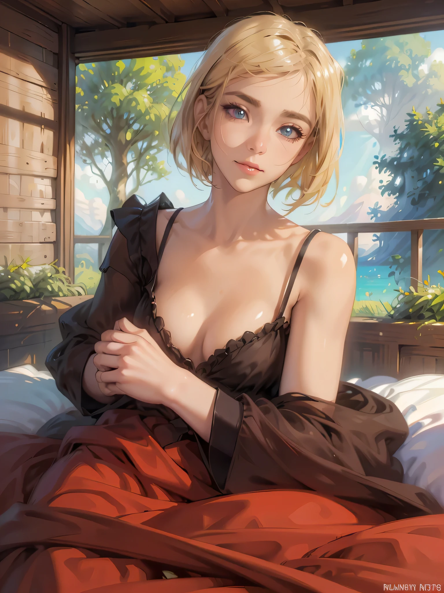 (masterpiece), (high quality), (8k resolution), (RAW photo), (best quality), (masterpiece:1.5), (realistic:1.5), ((photo realistic)), vibrant details, hyper realistic,1girl, (cute:1.2), beautiful, high-quality and detailed face, perfect face, rosy cheeks, detailed eyes, colorful eyes,(watery eyes), slim body, looking at viewer, closed mouth, real human skin, shiny skin, mid breasts, sitting, bed, loose lingerie, sexy pose, sexy, alluring, sexy posture, small hip, nsfw, (blonde hair, boho bob, short hair)