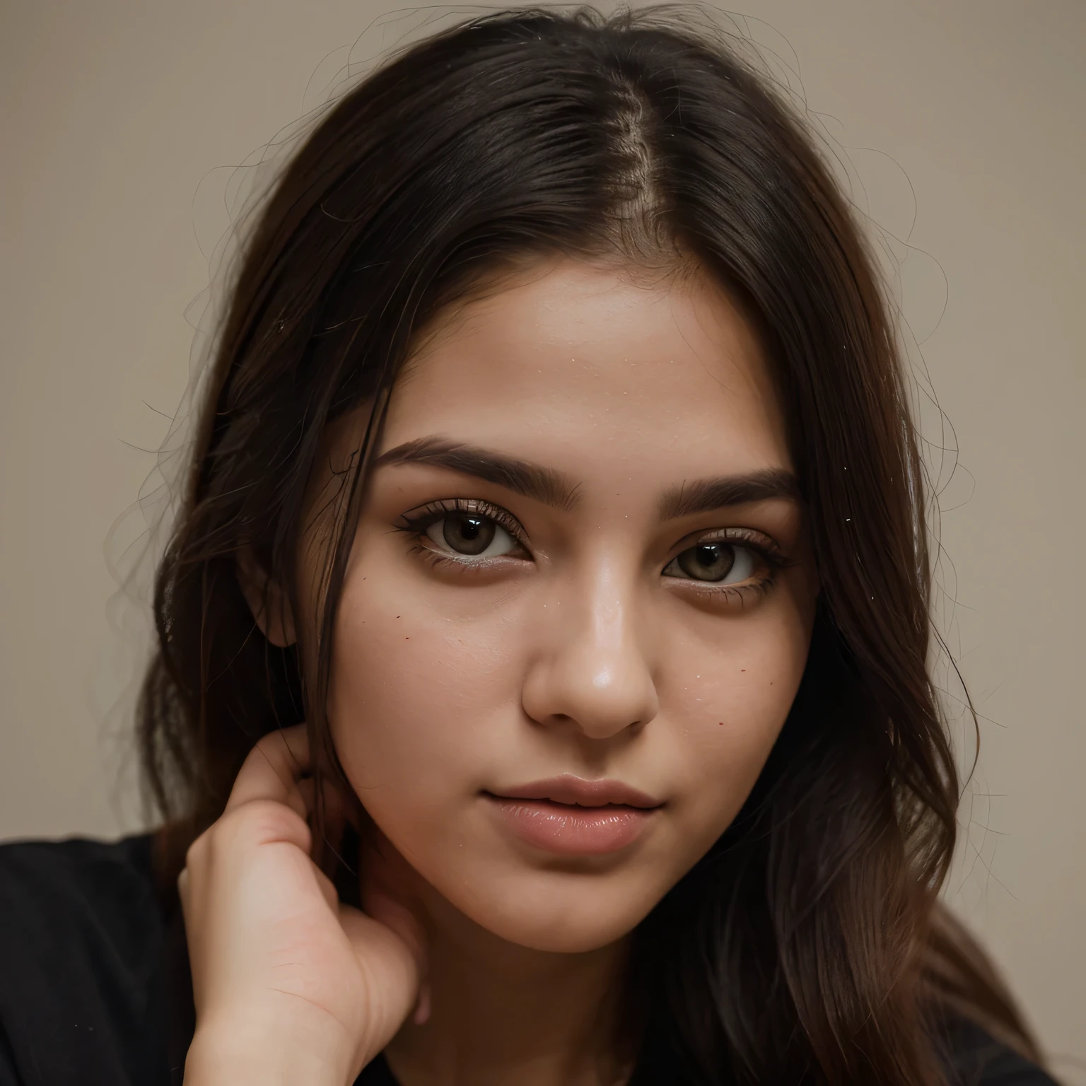 chef-d'artwork, la plus haute qualité, high resolution, 23 ans, Portrait plus jeune, avoir l'air mignon, pose mignonne, Belle fille aux gros seins, cheveux longs noirs, wearing casual clothing, visage, gros plan, portrait, fille persane
