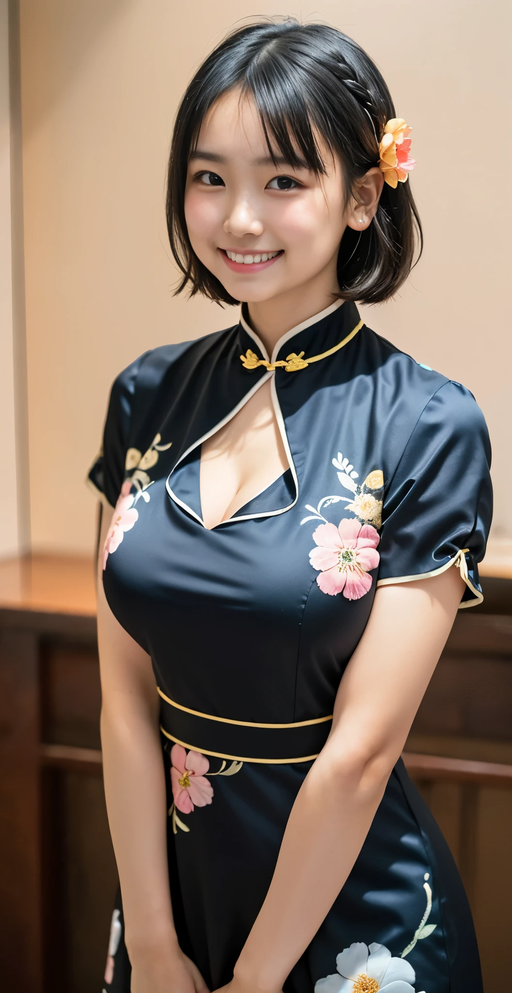 （8k、Raw photography、highest quality、masterpiece：1.2),(black haired、very short hair:1.8),(twin mitsu braid:1.4)、show viewer,Looking at the front,erotic,白いskin,(She is wearing a brightly colored Chinese dress with a floral pattern.。.:1.7)、()、(Clothing that emphasizes the shape of your chest、publish one&#39;skin:1.8)、(big breasts :1.4)、slim body shape、ultra high resolution,beautiful,beautiful fece,(alone、no background:1.9),whole bodyボディー,japanese woman,（Photoreal：1.37）、photon mapping,reality、(-faced and cute: 1.0)、(cute smile: 1.7)、(With a round face: 1.7)、radio city、Physically based rendering、depth of field rally background、photograph, (I can see your knees,close up of thighs:1.5),whole body、super fine