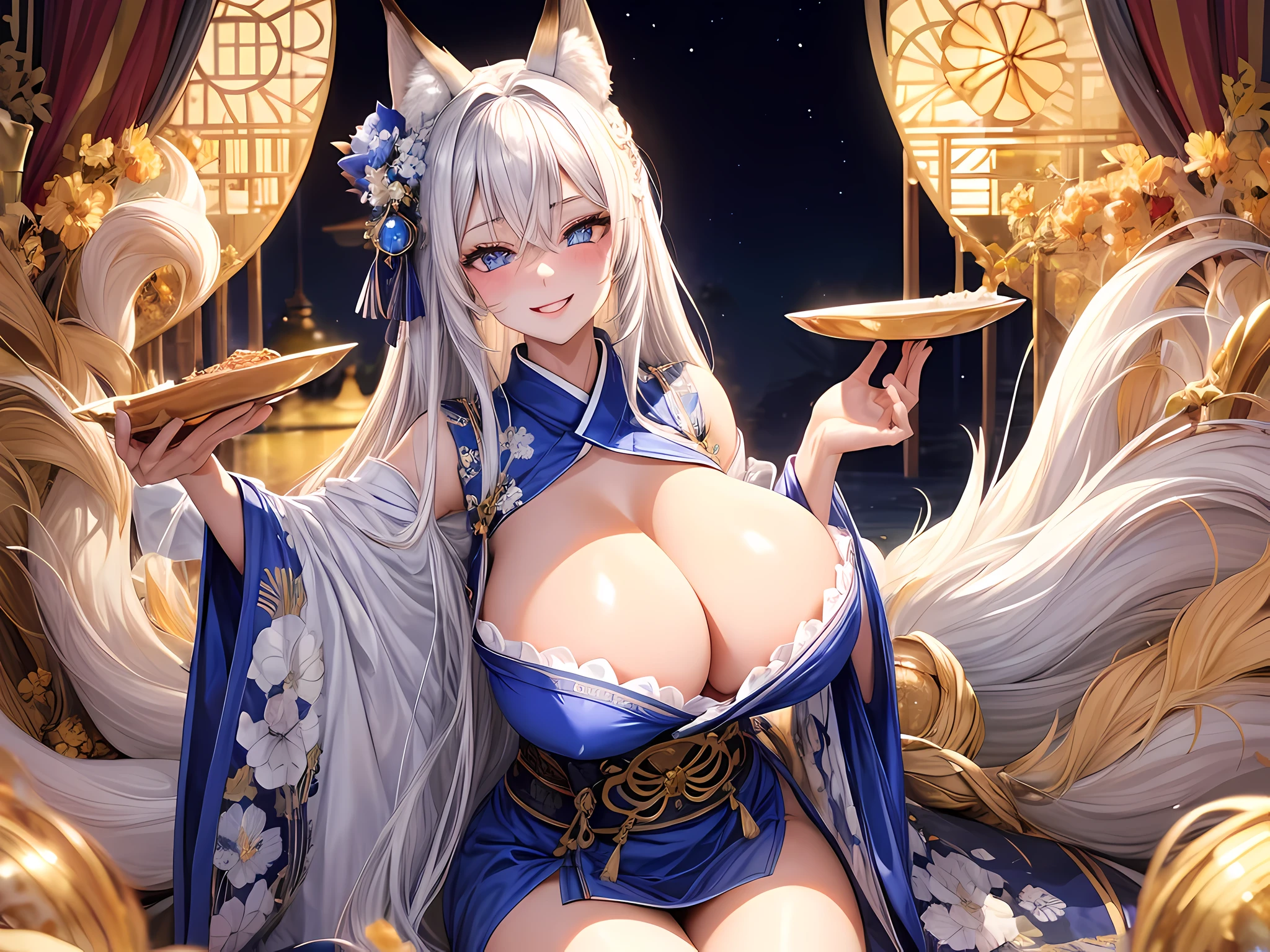 1 girl, long silver hair, fox ears, only fox ears, blue eyes, extremly detailed eyes, extremly detailed, blushing, (face perfect:1.1), (high detal:1.1), top-quality, huge breasts, sexy and seductive, wearing blue and white erotic kimono with golden embroidery, tall women, long flufy nine fox tails, multiple tails, thicc thighs, wide hips, smile, horny, absurdes, high res, ultra sharp, 8k, masterpiece, looking at viewer