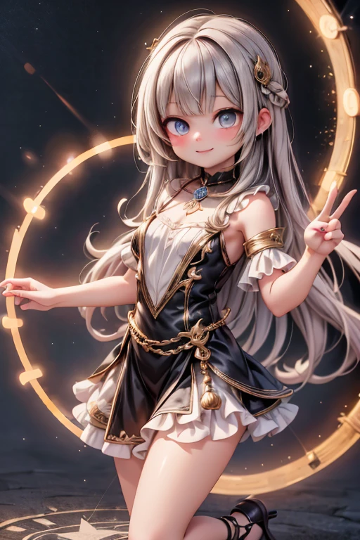 masterpiece, best quality, absurdress, a cute sorceress smiling, emerging from a magic (((glowing circle of light))), ((at night)), (luminous circle), light circle