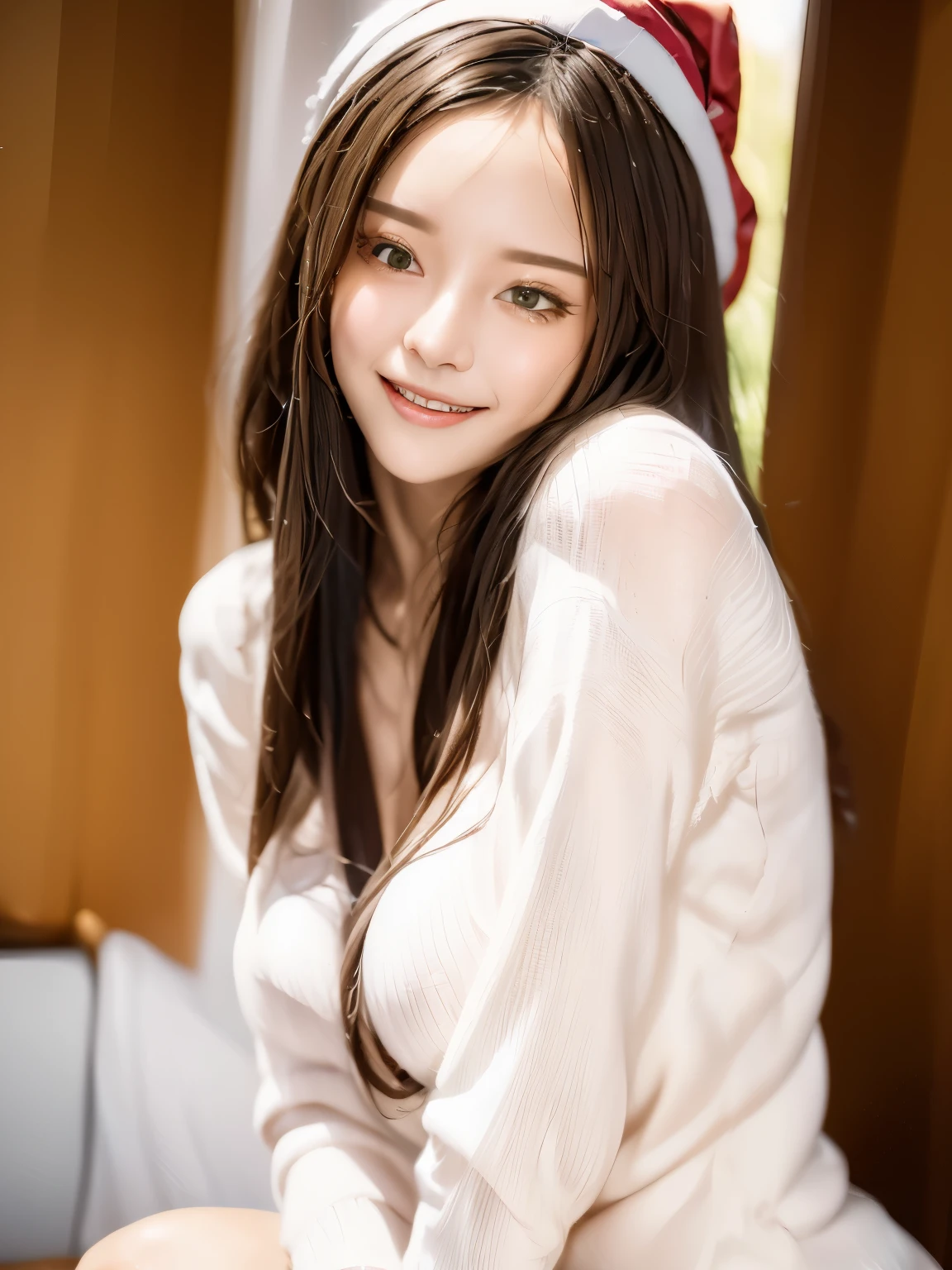 (masterpiece, top-quality、Very attractive adult beauty、Add intense highlights to the eyes、Look firmly at the camera),1girl in, solo, Light brown shiny hair, muffler,Santa Claus hat,realisitic, looking at the viewers, Light colored crystal light blue eyes, short shiny hair, Santa Claus's coat, Winter clothes, Furmoff's Santa Claus costume, s lips, lipgloss,bangss, The upper part of the body、big eye、Lashes)、((Road system in Italy in winter))、((Shorthair with bangs、big eye、Put very strong highlights in your students、{Gigantic|Big|Huge|Mega} breasts、very Bigger breasts、gazing at viewer、Very beautiful beauty、Put your ears out、long neck、little smiling、Beautiful teeth、Open your mouth and smile))、28 year old、Very cute supermodel