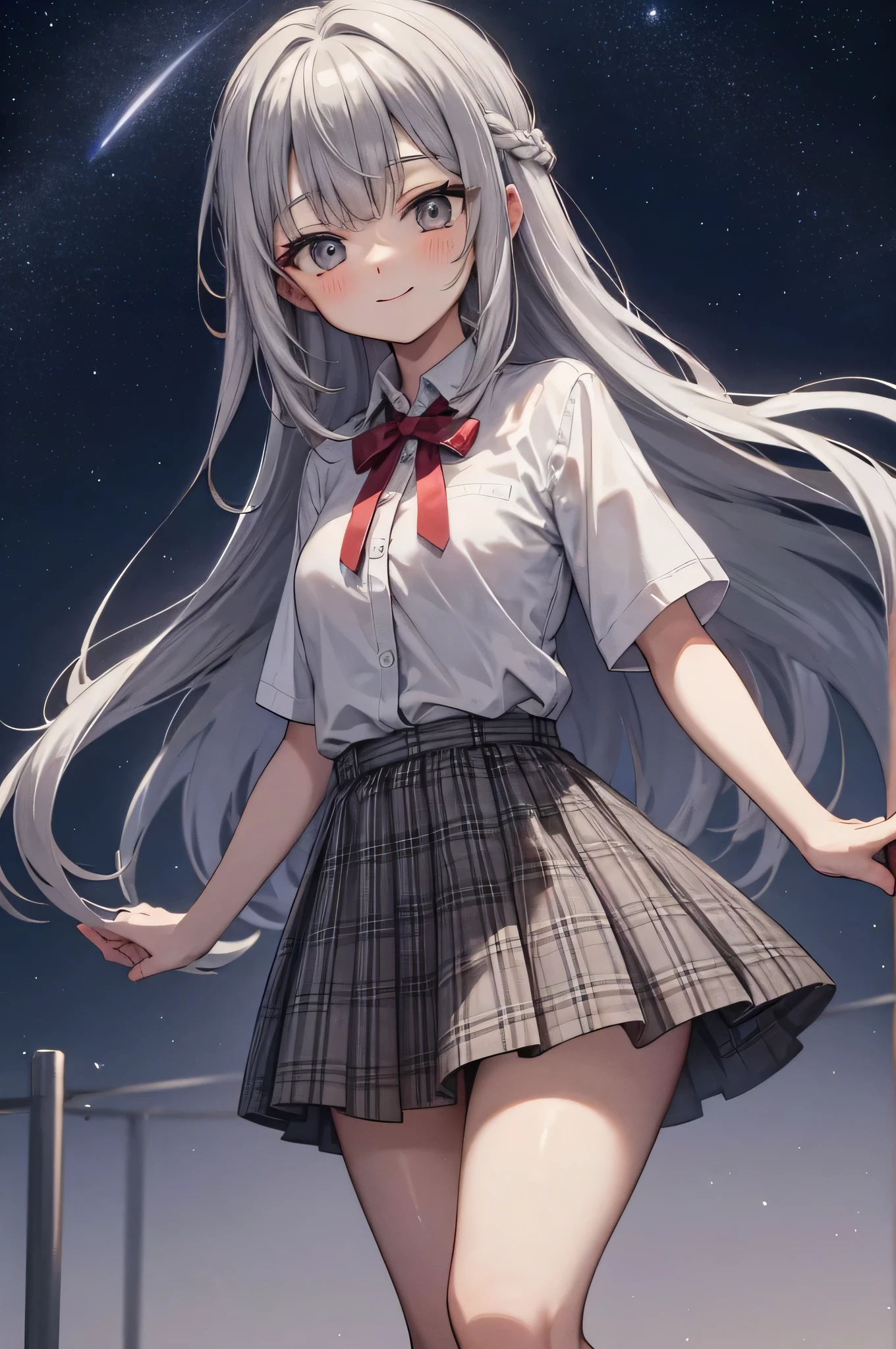 8K high quality gray hair long hair white dress shirt plaid sKirt cheeKs are red smile cute face midnight Natural starry sKy Show from head to thigh looking at the viewer