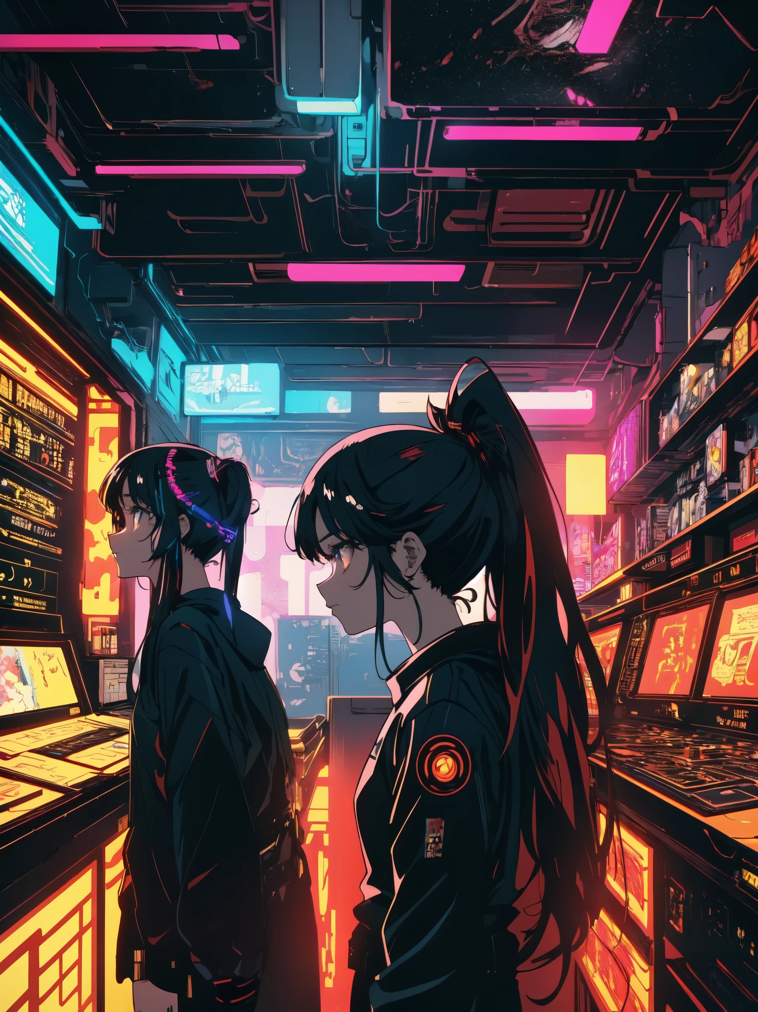 (highest quality、masterpiece、detailed)、(Shining eyes)、1 girl、ponytail、(Anime Design)、interior scene of cave, Horizontal scene, game sideboard scene, retro cyber punk style, steam age, Parallel far and near method, cyber punk, Lava cave scene, attention arousal, retro、beautiful anime