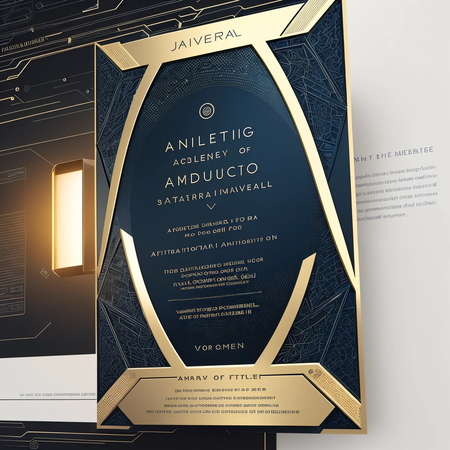 Invitation card with an elegant, sleek design, showcasing futuristic elements and a subtle integration of artificial intelligence motifs. The text reads "Invitation to the Future of Automation with Artificial Intelligence," written in an elegant, modern font, with a captivating glow effect that gives a hint of technology and innovation. The card is crafted with ultra-high definition printing, ensuring every detail is sharp and visible, providing a stunning, hyperrealistic appearance. The intricate, subtle textures of the futuristic background are accentuated through the use of HDR and intricate detailing. The overall effect is breathtaking and intriguing, leaving the recipient eager to uncover the secrets of the future