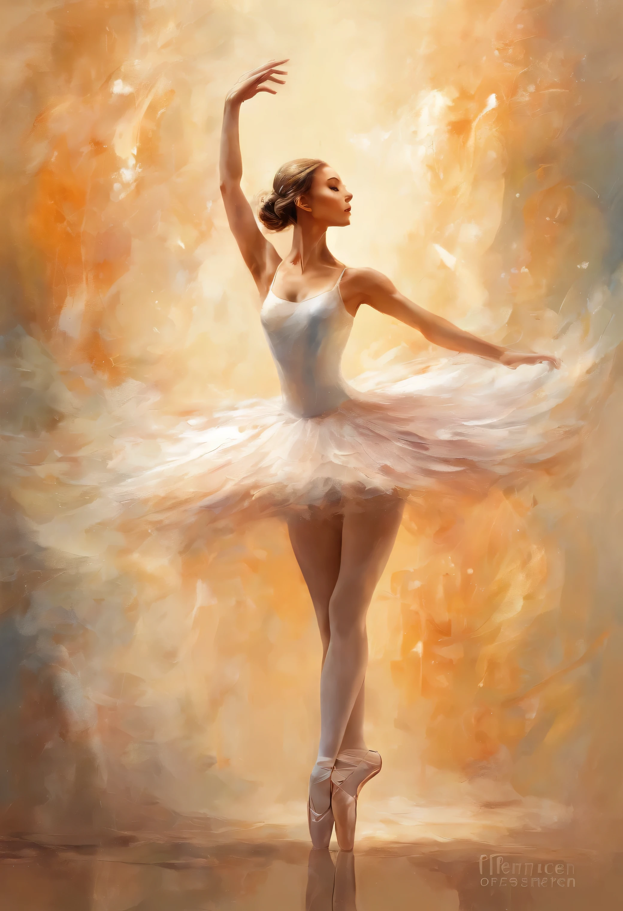 Artwork of a ballet dancer doing a pirouette, perfect body shape, sketch, drawing, or watercolor artwork impasto style. Perfect reflections. Abstract impasto background, beige color only